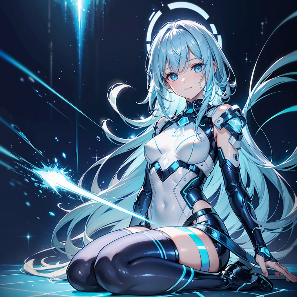 8k, Highest quality, (real:1.4), Original photo, 1 girl, Asari Hair, Biological Amplifier, Very sleek and futuristic armor, posture: Peace talks between warring factions,,attention arousal, smart blue eyes,A modest smile,Knee-high boots,Patent-look blue tights,Blue big moon and blue light swirl in the background,Blue light from behind,blue light magic,A small, glowing blue ball in the palm of your hand,Blue flame swirl,Blue Comet,Polished floor,