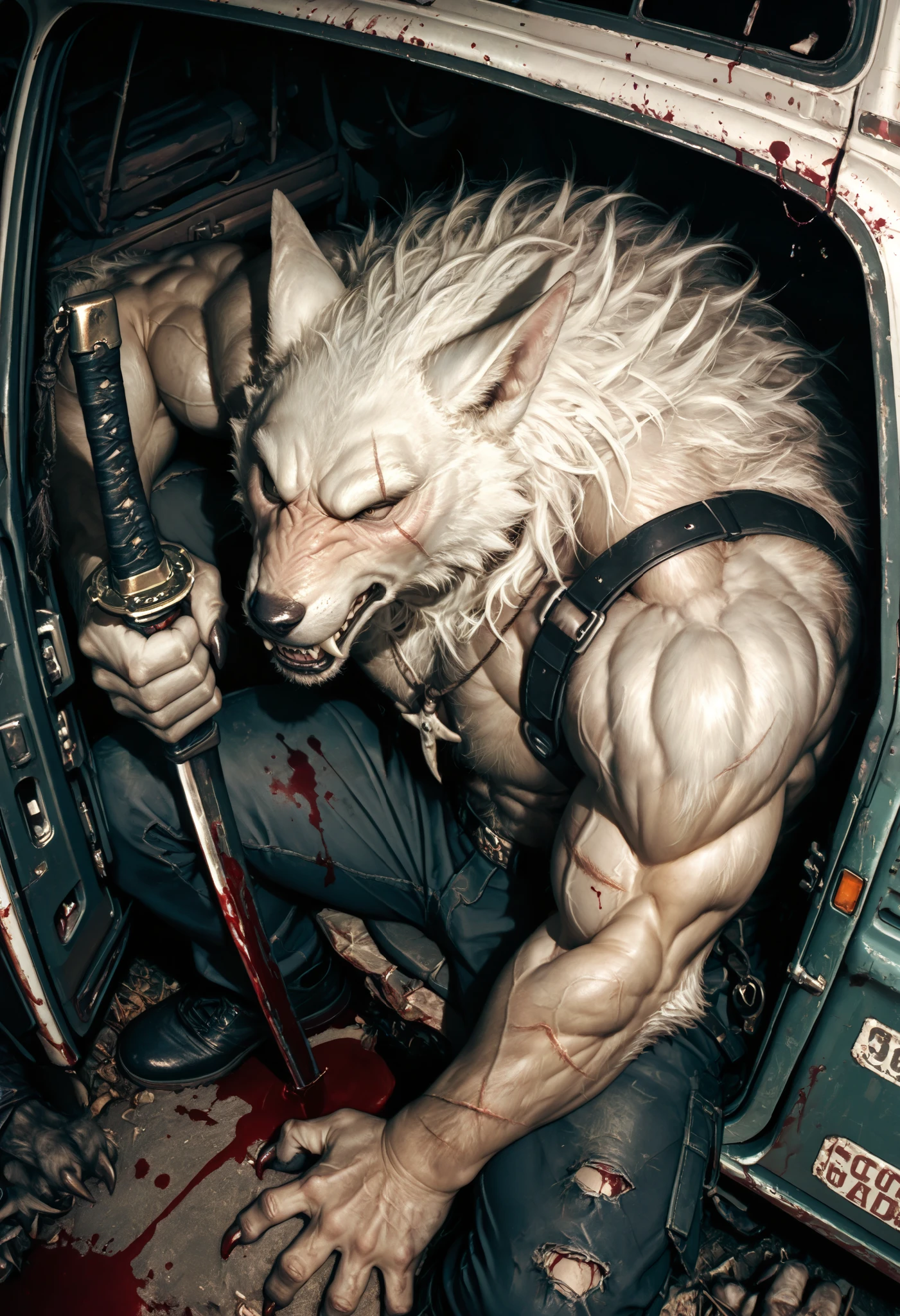 masterpiece, very aesthetic, a man, Demon Hunter ,Werewolf, tooth pendant , scar on the face, white hair,plaido ,muscular,strong hands, sitting in an abandoned car,blood-stained claws , drops of blood , medium plane, from above, in profile,howl,roar,sitting alone,dramatic light, dim lighting , very detailed face ,Detailed Katana