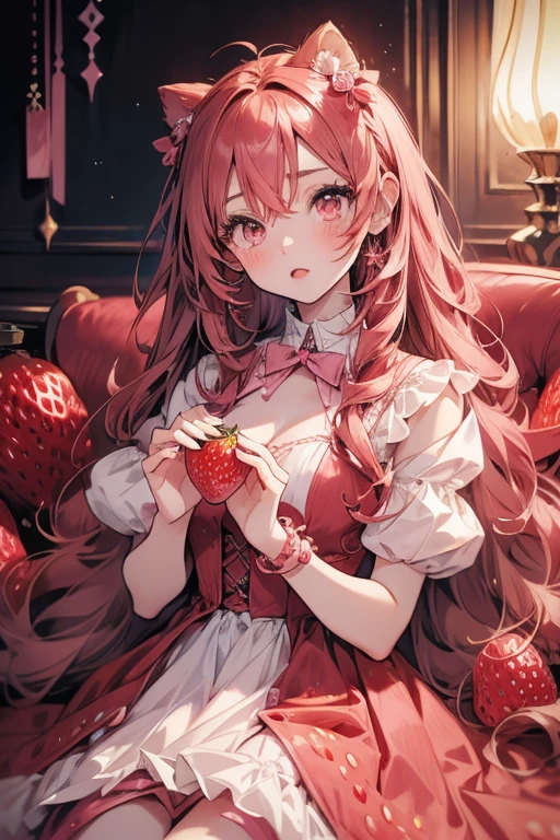 ((masterpiece, Highest quality)), High resolution, 8K, Cinematic Light, High Contrast, Written boundary depth, Strong brilliance, Detailed Background, One Girl, cute, Fine grain, Eyes sparkling, Detailed Iris, Strawberry-themed artwork