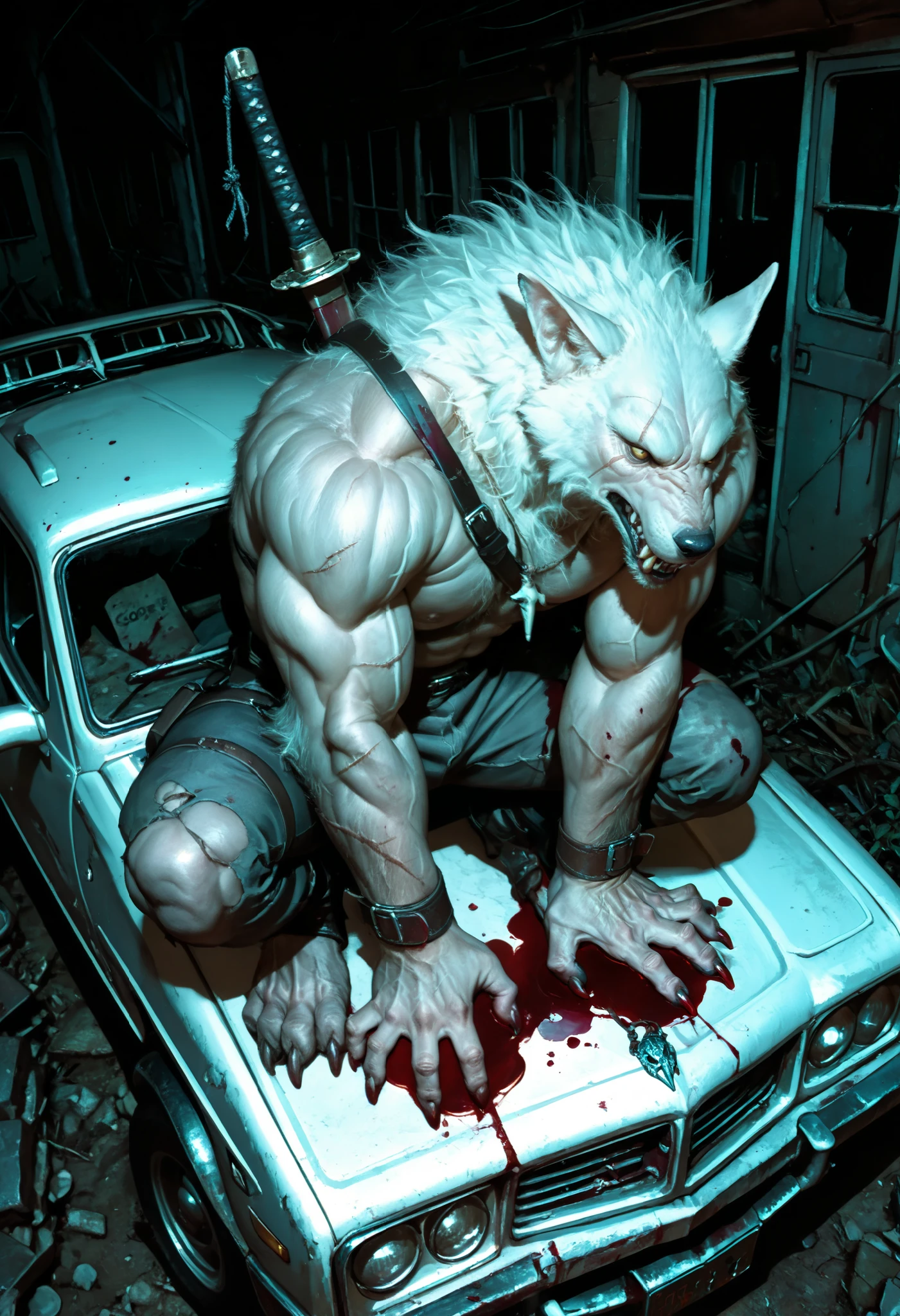 masterpiece, very aesthetic, a man, Demon Hunter ,Werewolf, tooth pendant , scar on the face, white hair,plaido ,muscular,strong hands, standing on top of an abandoned car,blood-stained claws , drops of blood , medium plane, from above, in profile,Howl at the full Moon ,roar,sitting alone,dramatic light, dim lighting , very detailed face ,Detailed Katana
