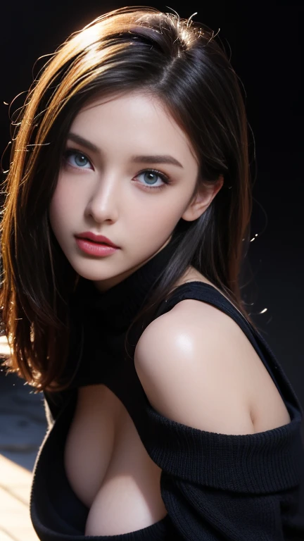 ultra high res, masterpiece, best quality, perfect glossy shiny skins, perfect lighting, detailed lighting, dramatic shadows, ray tracing, black sweater, looking at viewer, off shoulder, Big breasts, Exposed cleavage, blue Eyes, nsfw, ((Dark background)), Sexy face, Facial expressions when receiving pleasure, open mouse,