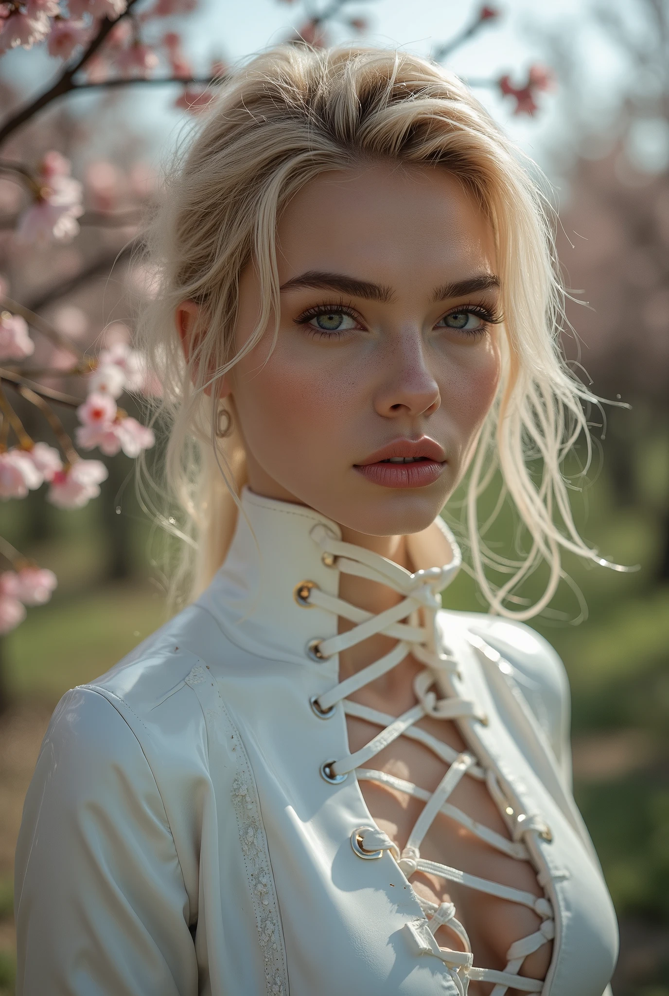 Divide Ratio : 1,1,1 Base Ratio: (high detailed portrait),(ultra-realistic最high quality),(photorealistic),(sharp focus),(highest resolution),(the most absurd quality),(masterpiece), Official art, ((soft cinematic lighting)), ((1girl 25-year-old)) ),fashion supermodel,(best highest quality real texture skin:1.3),(best quality natural texture hair:1.4),BREAK,( blonde hair, (slicked to the side), extremely detailed),(outside,an orchard of blooming cherry trees:1.35),((perfect proportions)),((anatomically correct)),((firm and full big breasts:1.3)),slim face,beautiful cheekbones,(high detailed realistic face),(high detailed eyes), (tired and sleepy and satisfied:0.0), close up of a woman's eye, perfect round eyes,finely detailed pupils,(brown_eyes:1.4),BREAK,detailed lips:1.3,pink_makeup:1.22, long blue_eyeliner, red_lipstick:1.3,(perfect dark_eyeshadows), (high detailed makeup on eyes), (Detailed nose:1.2),BREAK, ((highly elaborate extravagant microscopic street outfit:1.2)),((white, eye-catching latex lace-up over-the-knee boots:1.22)),((full body shot:1.4)),, exquisite balance of shadows,perfect composition,((look at the viewer)), Hasselblad, 50mm f/2.2