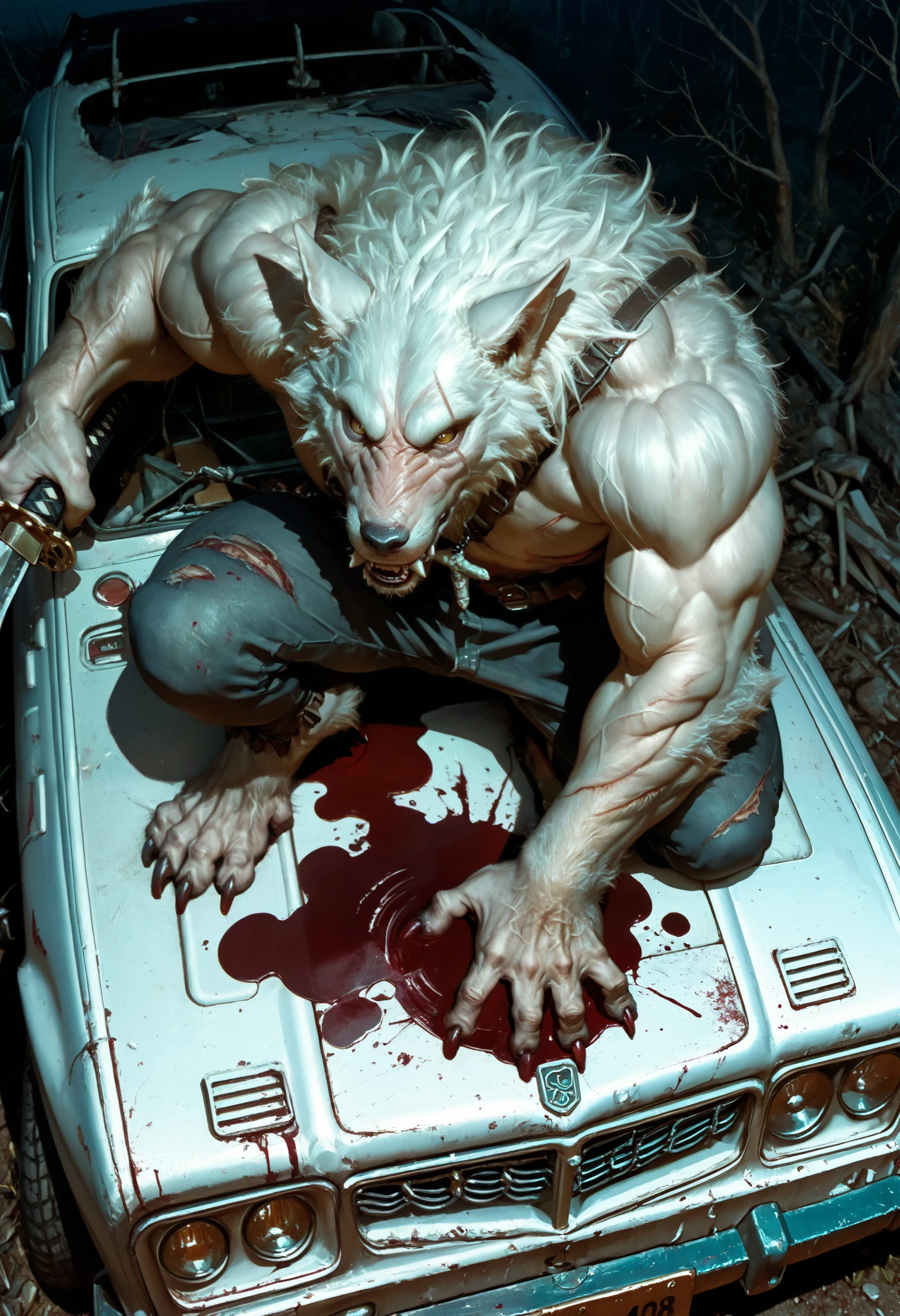 masterpiece, very aesthetic, a man, Demon Hunter ,Werewolf, tooth pendant , scar on the face, white hair,plaido ,muscular,strong hands,standing on an abandoned car,blood-stained claws , drops of blood , medium plane, from above, in profile,Howl at the full Moon ,roar,sitting alone,dramatic light, dim lighting , very detailed face ,Detailed Katana