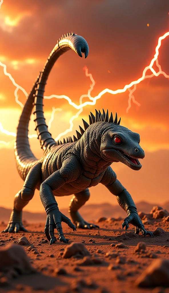 An ultra-realistic hybrid creature that combines the characteristics of a Komodo dragon and a scorpion into a single terrifying entity. The body is a powerful, scaly form reminiscent of the Komodo dragon, with its rough, textured skin transitioning into a segmented, chitinous exoskeleton along its back. The creature's limbs are muscular, tipped with sharp claws, and its back features a long, venomous scorpion tail that arches menacingly above its head, ending in a glowing, toxic stinger. Its head is a monstrous fusion, blending the reptilian features of the Komodo dragon with the sharp, angular jaws and piercing eyes of a scorpion. The hybrid's posture is aggressive and intimidating, exuding pure danger. The backdrop is a desolate, rocky desert beneath a fiery orange and crimson sky, with sandstorms swirling and lightning casting terrifying shadows. Rendered in 8K Ultra HD, with every scale, claw, and venomous detail brought to life in vivid, terrifying realism."