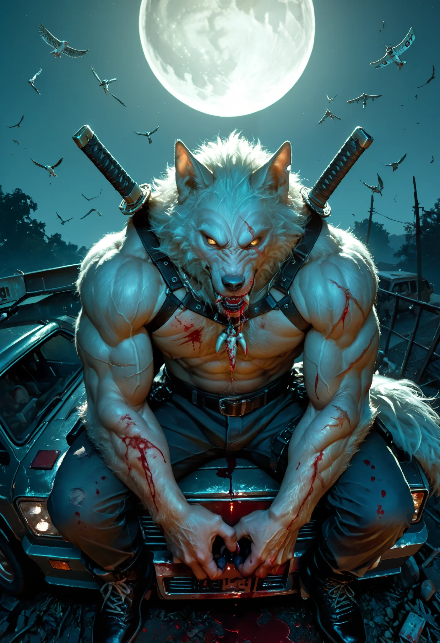 masterpiece, very aesthetic, a man, Demon Hunter ,Werewolf, tooth pendant , scar on the face, white hair,plaido ,muscular,strong hands,Ensima from the roof of an abandoned car,blood-stained claws , drops of blood , medium plane, from above, in profile, Full Moon,sitting alone,dramatic light, dim lighting , very detailed face ,Detailed Katana,birds flying