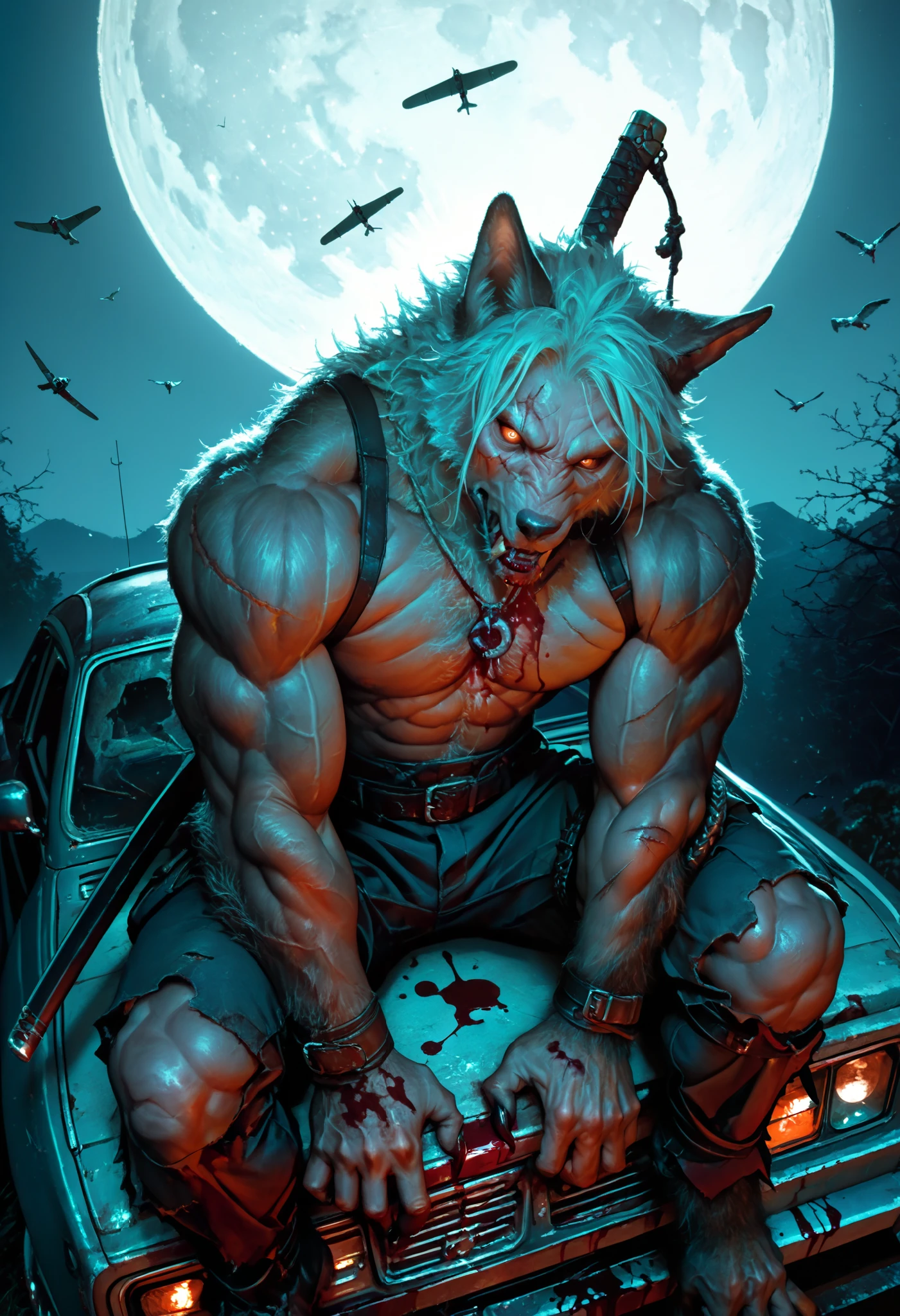 masterpiece, very aesthetic, a man, Demon Hunter ,Werewolf, tooth pendant , scar on the face, white hair,plaido ,muscular,strong hands,Ensima from the roof of an abandoned car,blood-stained claws , drops of blood , medium plane, from above, in profile, Full Moon,sitting alone,dramatic light, dim lighting , very detailed face ,Detailed Katana,birds flying