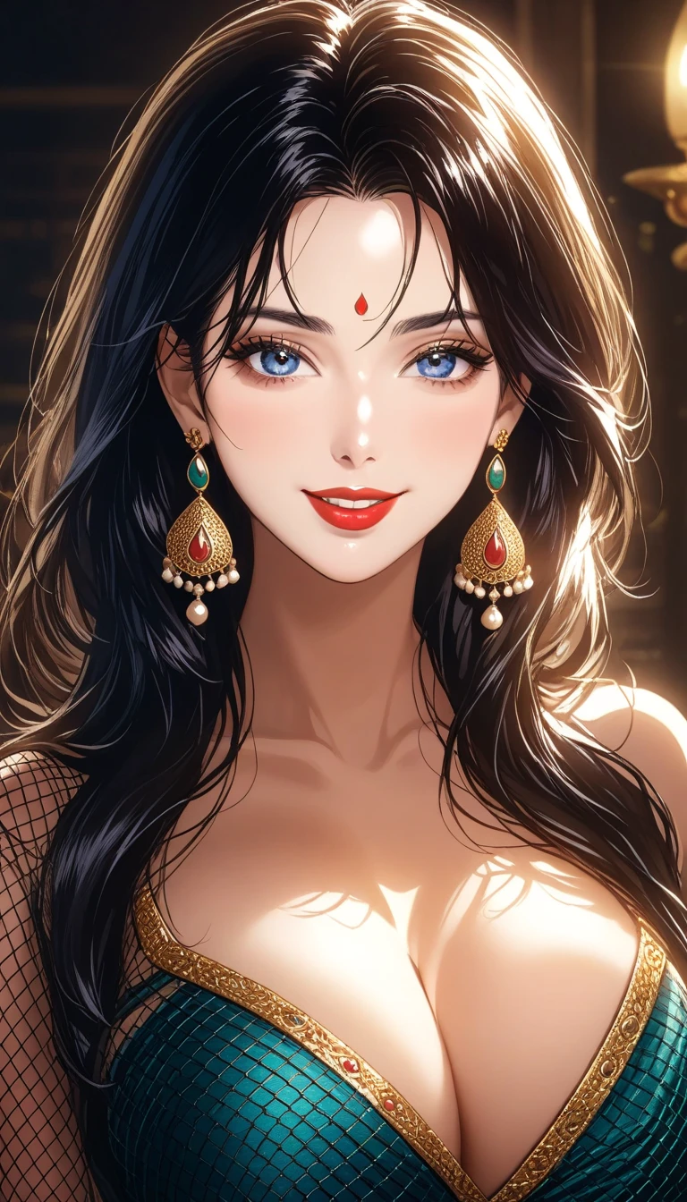 A beautiful mature woman in fishnet saree, intricate jhumka earrings, detailed alluring eyes, smooth lips, smiling, red lipstick, bangles, blue ribbon, saggy breasts, photorealistic, 8k, high quality, masterpiece, cinematic lighting, vibrant colors, intricate details, messy hair
