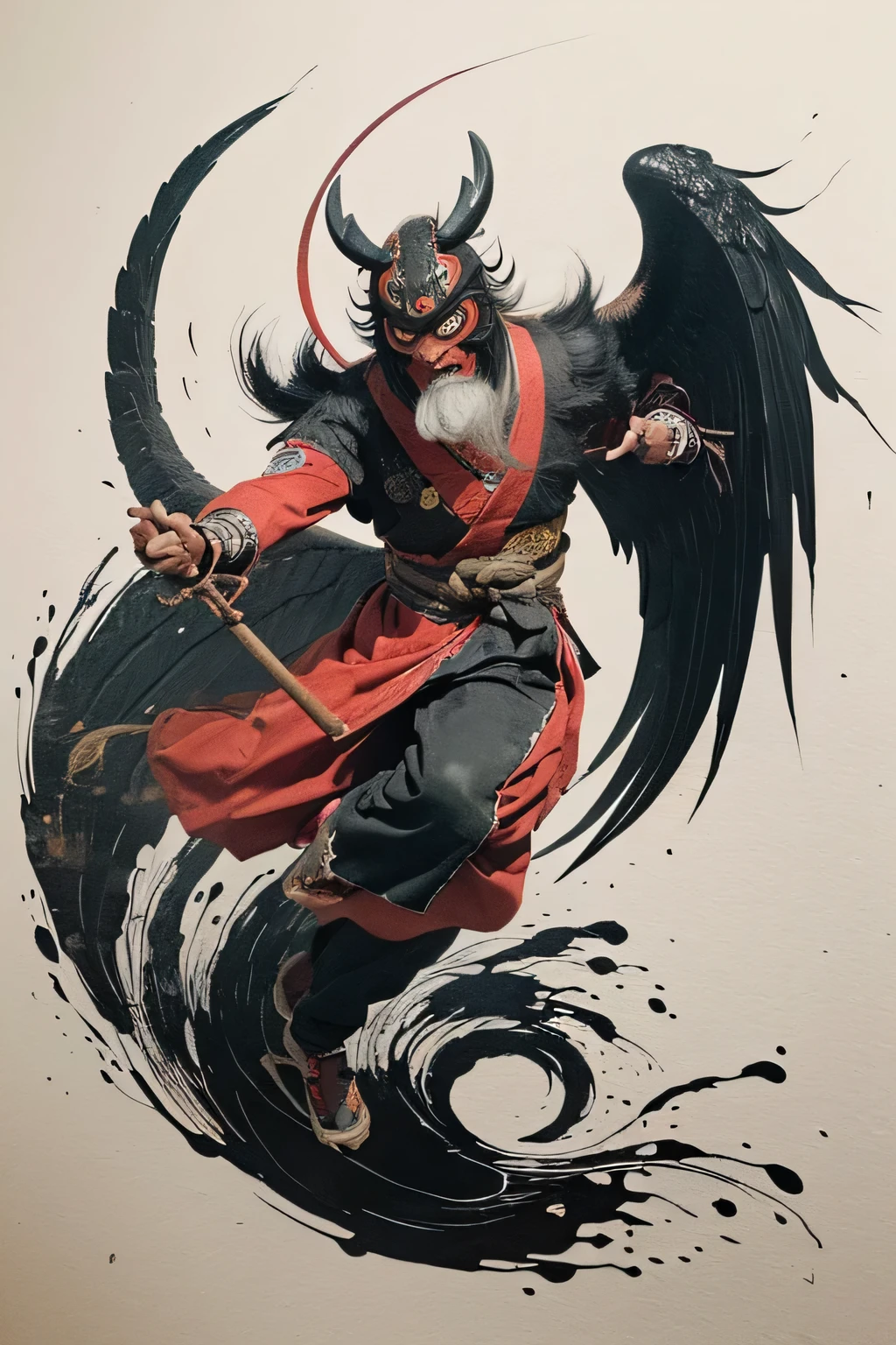 (( Japanese Yokai, monster)), ((Jump Scare)), outline warm color, ((festival)), ((Chojugiga)), ((Shihon Bokuga)), antique , ((Ink painting, Black and White Art , Old paper style illustration)), (Hunting Painting Style, Little monster, Old performance, Variation pointillism, flat illustration , creepy, ( Horror elements), creepy worldview, ( Primitive art ), it's a style like an old picture scroll-like, Old stage, Ancient mural style, Of Japanese mythology , Let's make a tengu , long-nosed red mask , Thin and long nose, big black eagle wings, intense movement, I have a tin cane, (Ink Painting)