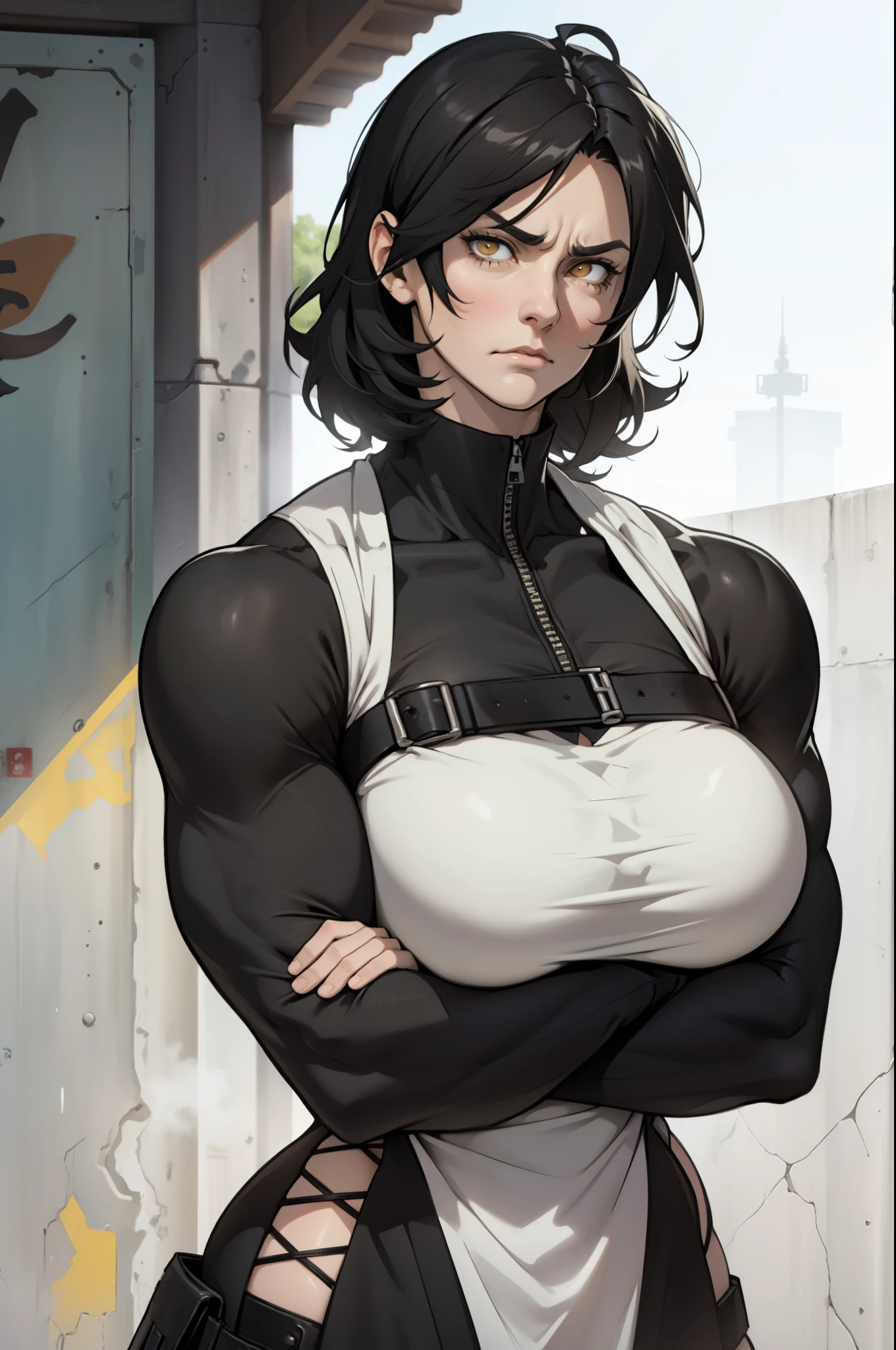 (((huge muscles huge breasts))) black hair yellow eyes pale skin tight black long sleeve t-shirt black leggings frown