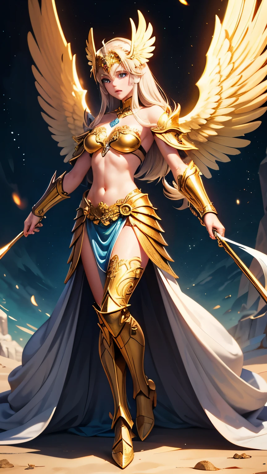 golden angel goddess with wings, blondie hair, perfect hands, golden shine, fictional figure body hands on waist, sexy movement pose, holding a sacred sword with both hands