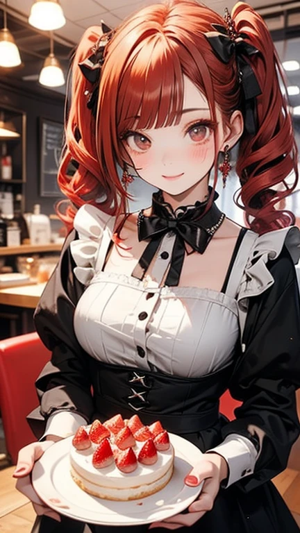 ((masterpiece,Highest quality)),The place is a coffee shop,One girl,Beautiful attention to detail, Detailed face, The waitress is bringing the cake to the table, Red hair twin tails, Kind Face, A strawberry-inspired half-gothic lolita and half-maid costume, White-based clothing,