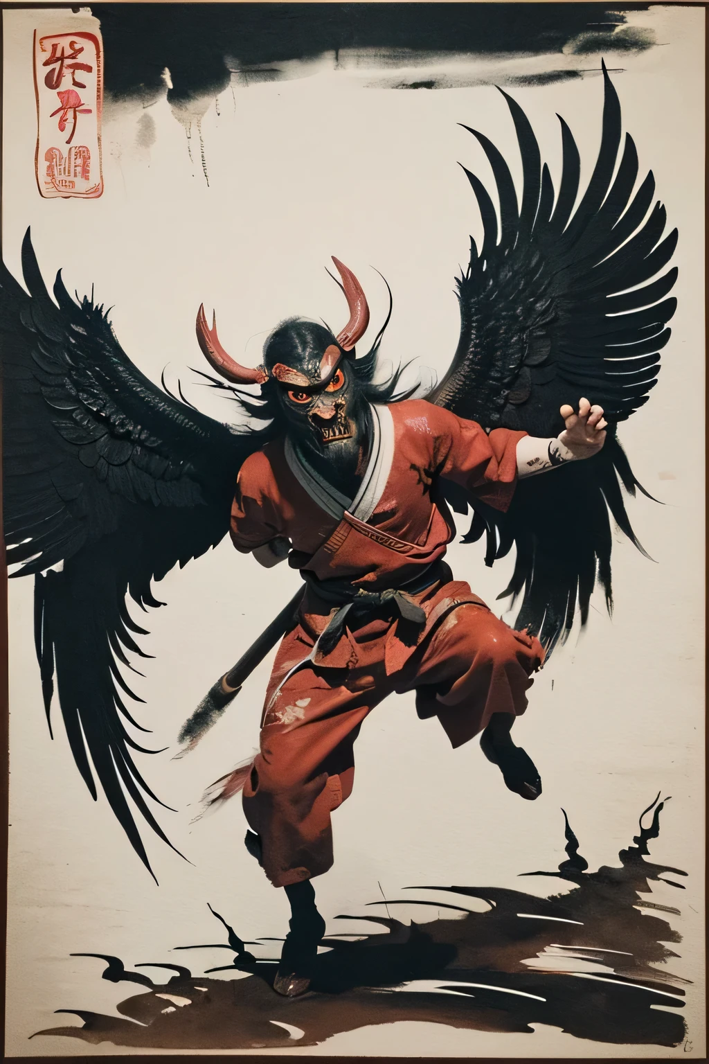 8k、Highest quality、Japanese taste、Horror、Standing on a mountain towering into the sky、Tengu、Red body human、Muscular body、Scary expression、Black Feather、Japanese Yokai