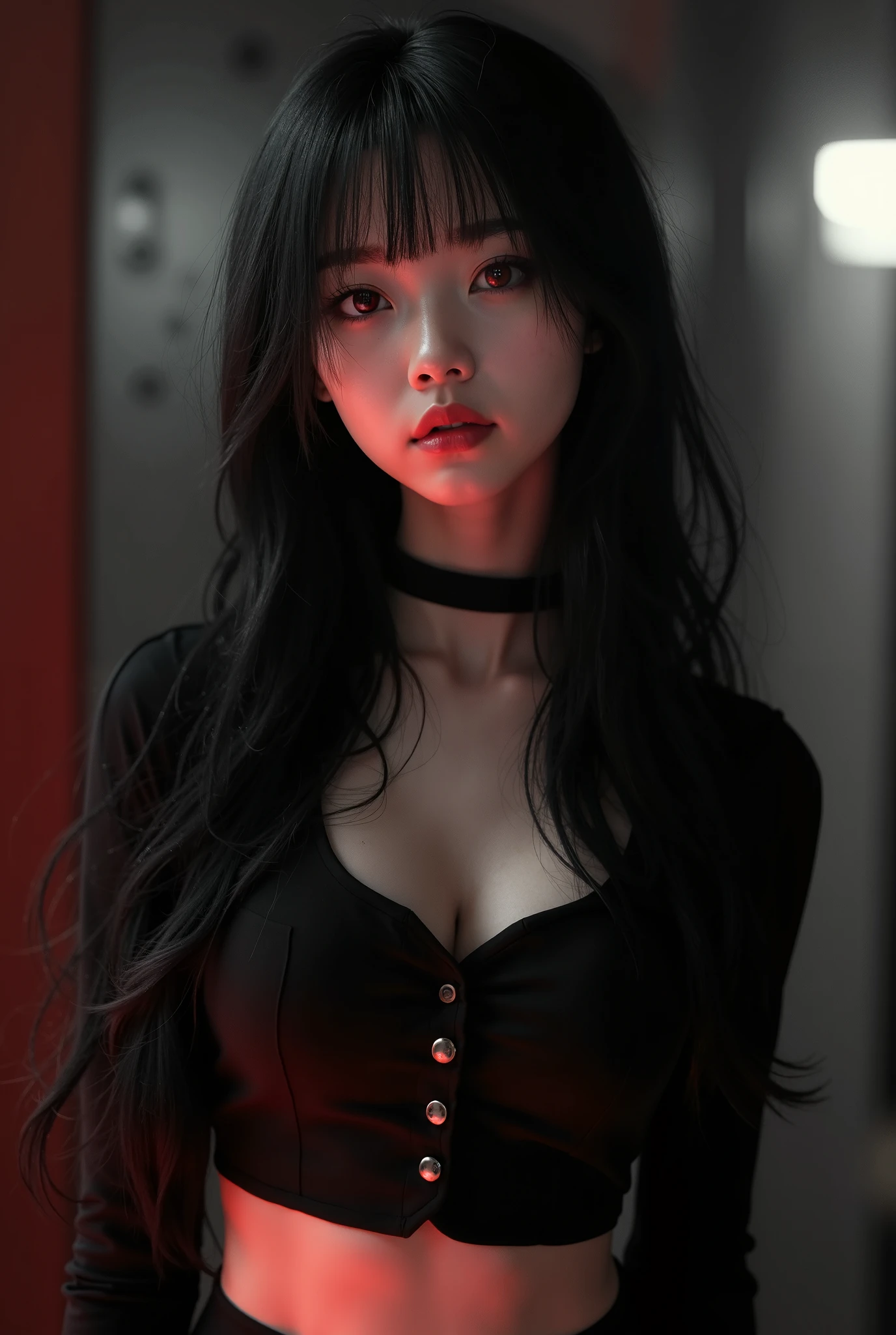 Black lace lingerie, Volumetric lighting、Highly detailed face、One girl、Exposed thighs、Exposed buttocks、(Emphasizes smaller breasts)、、dark、Deep Shadow、Low Key、Hair length、Gray Hair、Top view