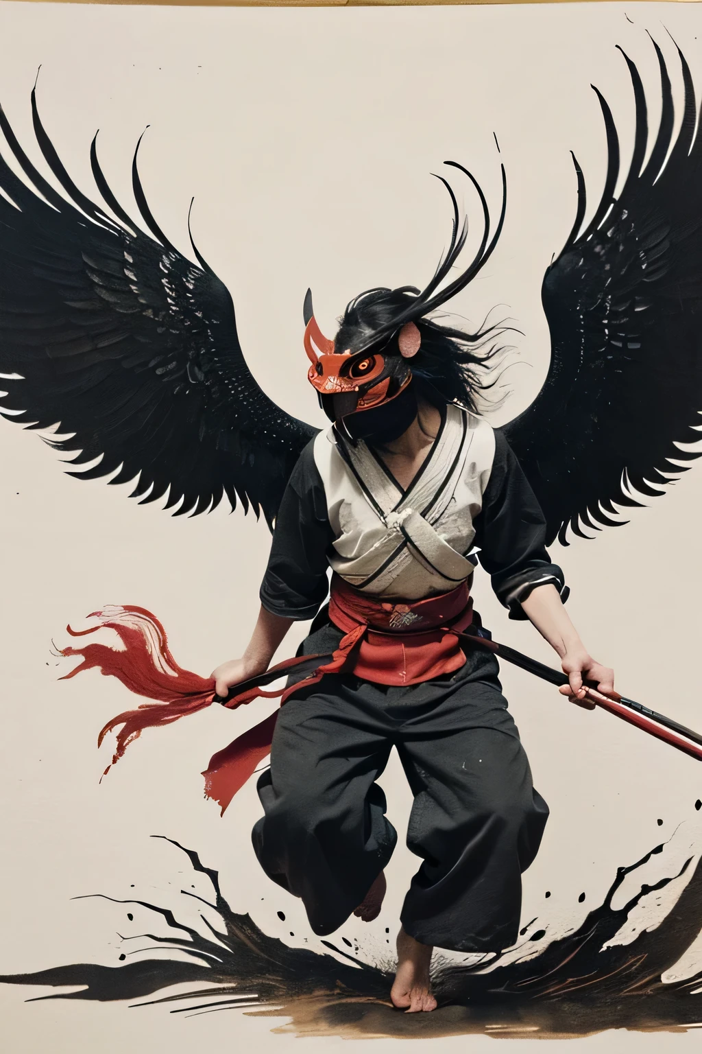 (( Japanese Yokai,  monster)), ((Jump Scare)),  outline warm color, ((festival)), ((Chojugiga)), ((Shihon Bokuga)),  antique , ((Ink painting,  Black and White Art , Old paper style illustration)), (Hunting Painting Style, Little  monster, Old performance, Variation pointillism,  flat illustration ,  creepy, ( Horror elements),  creepy worldview, ( Primitive art ),  it's a style like an old picture scroll-like, Old stage, Ancient mural style, Of Japanese mythology , Let's make a tengu  ,  long-nosed red mask  , Thin and long nose, big black eagle wings,  intense movement, I have a tin cane, (Ink Painting)