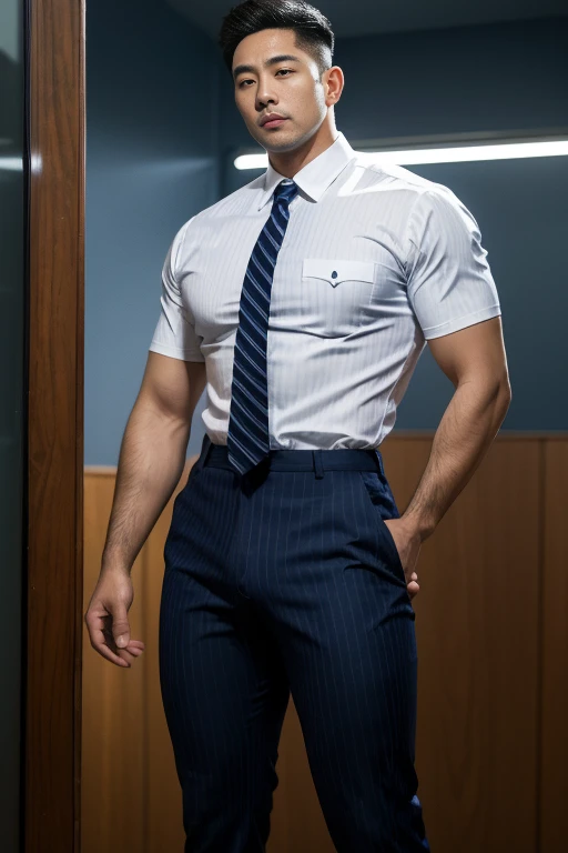 Male, handsome, mature, (((gigantic pecs:1.3))), ((tight shirt)), (office man, white butoons up shirt, black pants, necktie)