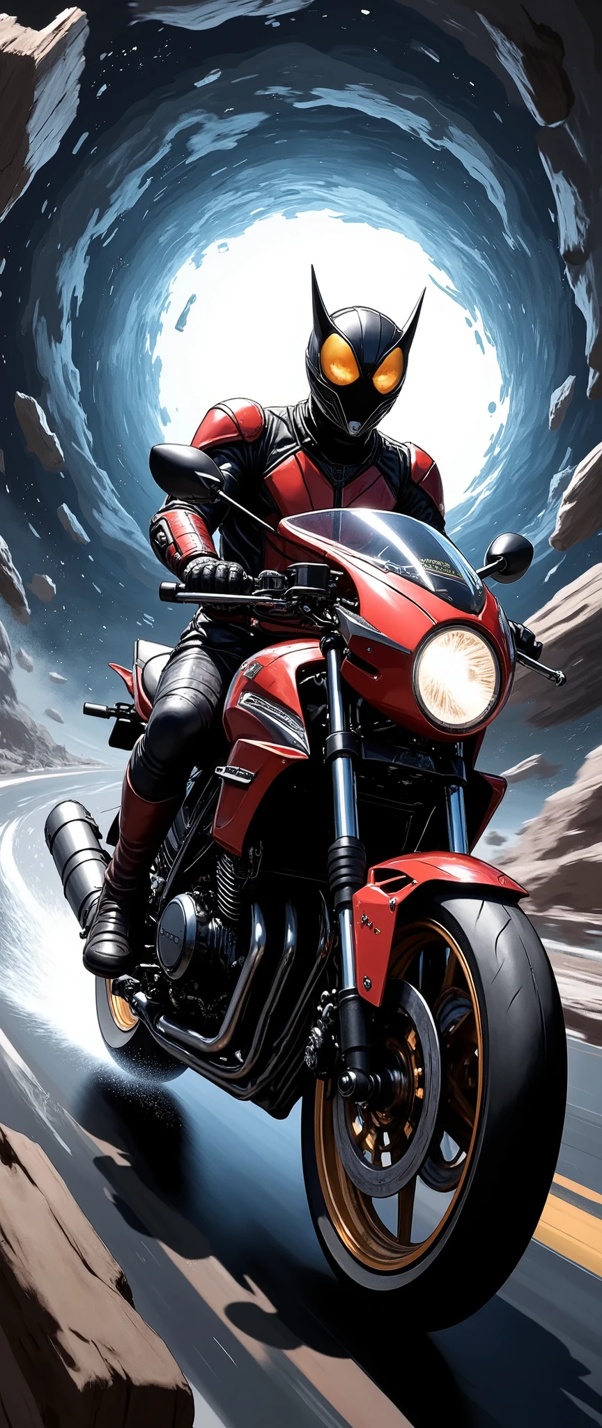 (Masterpiece,8k,16k,wallpaper),( Best Illustrations ),( ray tracing ),(SF:2.0),( cyberpunk:2.0),( Kamen Rider riding a motorcycle :2.0),( Kamen Rider with Japanese Runaway Tribe as a motif:2.0),( cyberpunkな暴走族風のバイク),( expresses super speed of light with beautiful white lines of light :2.0),( The background is a wormhole :2.0),( visual effect :2.0,),( MOTION BLUR :2.0)
