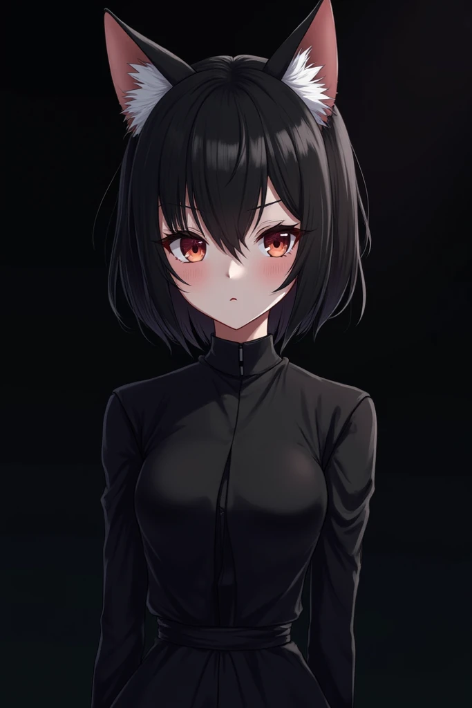 female character, black hair, black wolf ears, black tail, dressed in a black sweater,anime version