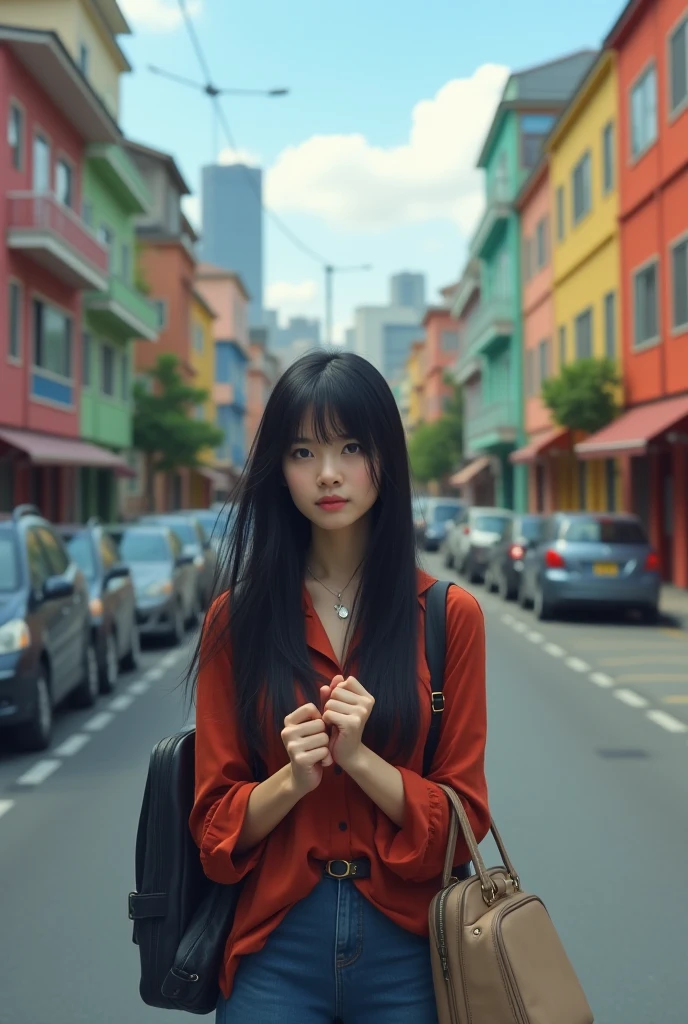 Elegant girl brazilian brunette in urban outfit in favela do brazil, cute fine face, rounded eyes, digital painting, fan art, pixiv, by ilya kuvshinov, katsuhiro otomo ghost-in-the-shell, magali villeneuve, artgerm, jeremy lipkin and michael garmash and rob rey slum background from rocinha