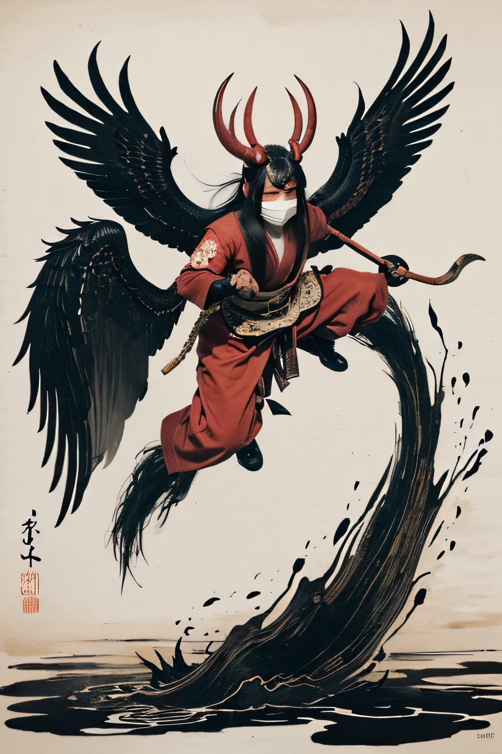 (( Japanese Yokai, monster)), ((Jump Scare)), outline warm color, ((festival)), ((Chojugiga)), ((Shihon Bokuga)), antique , ((Ink painting, Black and White Art , Old paper style illustration)), (Hunting Painting Style, Little monster, Old performance, Variation pointillism, flat illustration , creepy, ( Horror elements), creepy worldview, ( Primitive art ), it's a style like an old picture scroll-like, Old stage, Ancient mural style, Of Japanese mythology , Let's make a tengu , long-nosed red mask , Thin and long nose, big black eagle wings, intense movement, I have a tin cane, (Ink Painting)