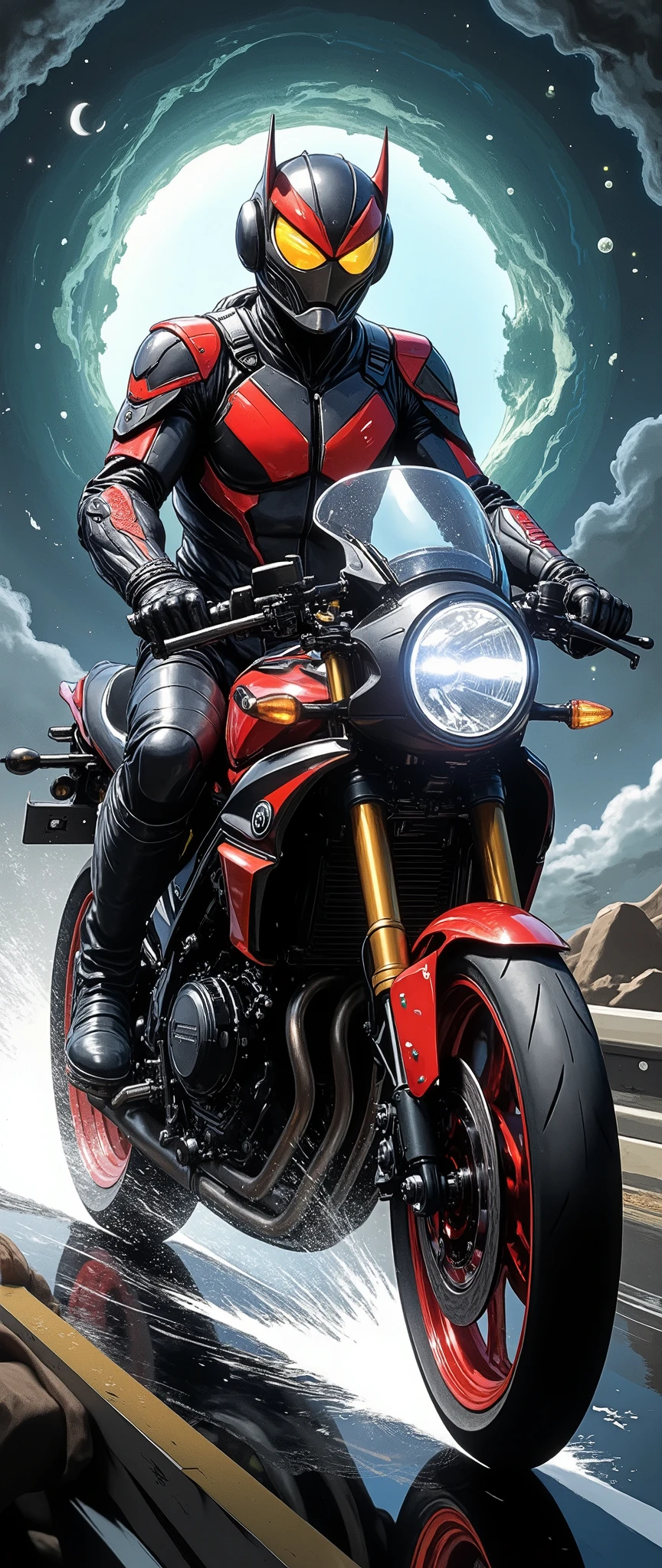 (Masterpiece,8k,16k,wallpaper),( Best Illustrations ),( ray tracing ),(SF:2.0),( cyberpunk:2.0),( Kamen Rider riding a motorcycle :2.0),( Kamen Rider with Japanese Runaway Tribe as a motif:2.0),( cyberpunkな暴走族風のバイク),( expresses super speed of light with beautiful white lines of light :2.0),( The background is a wormhole :2.0),( visual effect :2.0,),( MOTION BLUR :2.0)