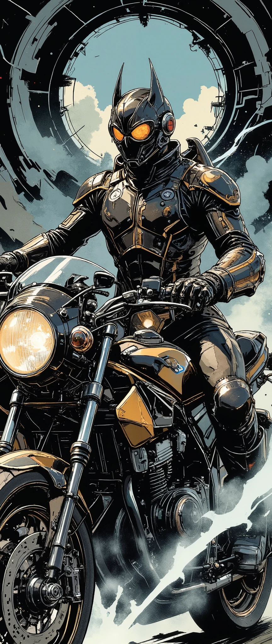 (Masterpiece,8k,16k,wallpaper),( Best Illustrations ),( ray tracing ),(SF:2.0),( cyberpunk:2.0),( Kamen Rider riding a motorcycle :2.0),( Kamen Rider with Japanese Runaway Tribe as a motif:2.0),( cyberpunkな暴走族風のバイク),( expresses super speed of light with beautiful white lines of light :2.0),( The background is a wormhole :2.0),( visual effect :2.0,),( MOTION BLUR :2.0)