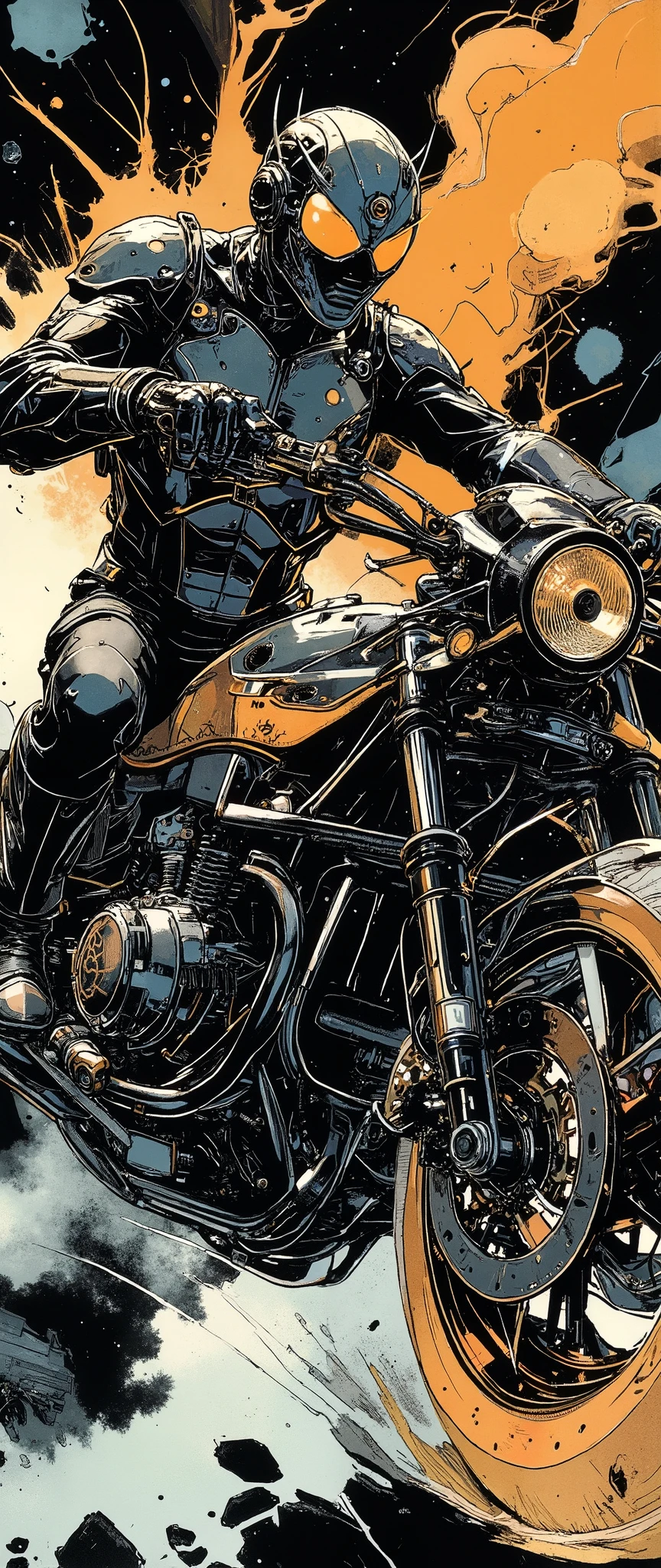 (Masterpiece,8k,16k,wallpaper),( Best Illustrations ),( ray tracing ),(SF:2.0),( cyberpunk:2.0),( Kamen Rider riding a motorcycle :2.0),( Kamen Rider with Japanese Runaway Tribe as a motif:2.0),( cyberpunkな暴走族風のバイク),( expresses super speed of light with beautiful white lines of light :2.0),( The background is a wormhole :2.0),( visual effect :2.0,),( MOTION BLUR :2.0)