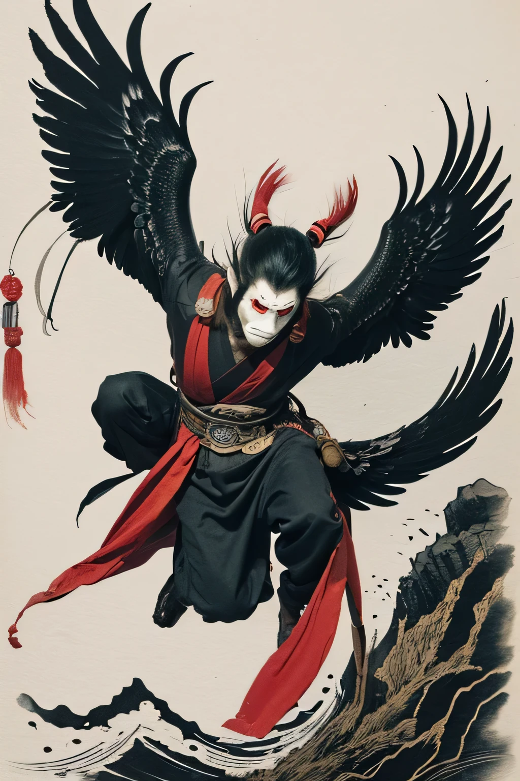 (( Japanese Yokai, monster)), ((Jump Scare)), outline warm color, ((festival)), ((Chojugiga)), ((Shihon Bokuga)), antique , ((Ink painting, Black and White Art , Old paper style illustration)), (Hunting Painting Style, Little monster, Old performance, Variation pointillism, flat illustration , creepy, ( Horror elements), creepy worldview, ( Primitive art ), it's a style like an old picture scroll-like, Old stage, Ancient mural style, Of Japanese mythology , Let's make a tengu , long-nosed red mask , Thin and long nose, big black eagle wings, intense movement, I have a tin cane, (Ink Painting), Crow