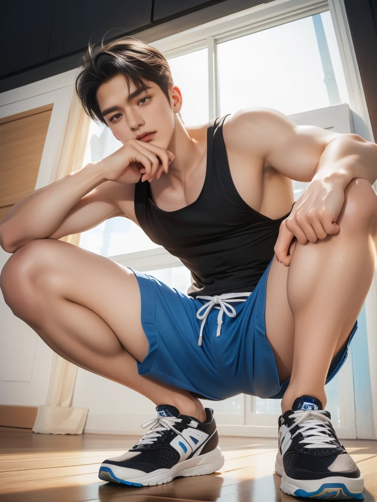 There was a man sitting in a chair taking a picture of himself, korean muscle boy 2 1 , Male ulzzang, Shin Jinying, South Korean male, with abs,There are condoms on the abs Asian man, Cai Xukun, inspired by jeonseok lee, Inspired by Bian Shoumin, hyung tae, sit on a bed, Kim Do-young, hong june hyung