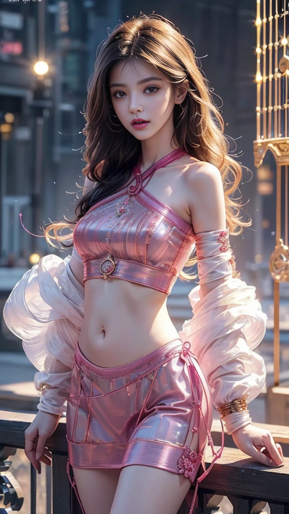 Woman in her 20s, Chunlim, (Perfect face), Defined jawline, Beautiful brown eyes, Beautiful lips, (short brown hair, Hair bun, Double bun), (Perfect hands), (Pink cheongsam Fetham), Tight blue track pants, Spiky bracelet, (Vertical split pose), Looking at Viewer, (Medium Full Shot Photo), Realistic, Sexy possessions、(((Richly decorated with costumes)))、Kick Open Pose、Farbe々Variation Pose、Navel Ejection、Chinese landscape background,cleavage of the breast