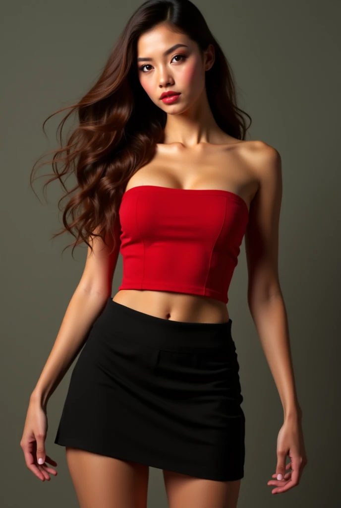 (best quality,4k,8k,highres,masterpiece:1.2),ultra-detailed,(realistic,photorealistic,photo-realistic:1.37),beautiful eyes,beautiful lips,detailed face,red lipstick,gorgeous woman, sexy black tight strapless cheerleader outfit, sexy elegant fashion model, sexy elegant look,long eyelashes,confident expression,flawless skin,posing gracefully sexy,head to stomach shot, sexy black tight strapless cheerleader outfit, bare stomach,sexy naked medium Breasts,flowing fabric,soft and silky material,graceful movement,vibrant colors,artistic lighting,studio photo shoot, dreamy atmosphere