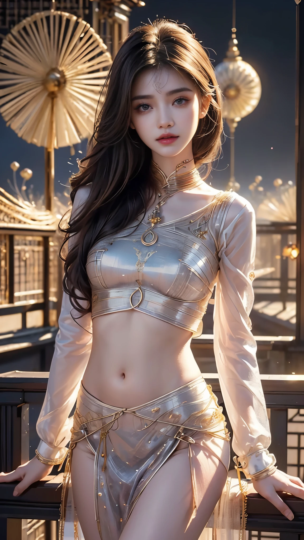 ((best quality)), ((masterpiece)), 16K, RTX, HDR, ((detailed)), ((intricate)), japanese, white skin , cool, edgy, wearing a sexy silver-red sequin party dress, night time, indoor, detailed eyes, small firm pointed boobs, belly button, wearing a silk hijab, headscarf, professional makeup, aesthetic, muscular body, strong and toned abs, sculpted muscles