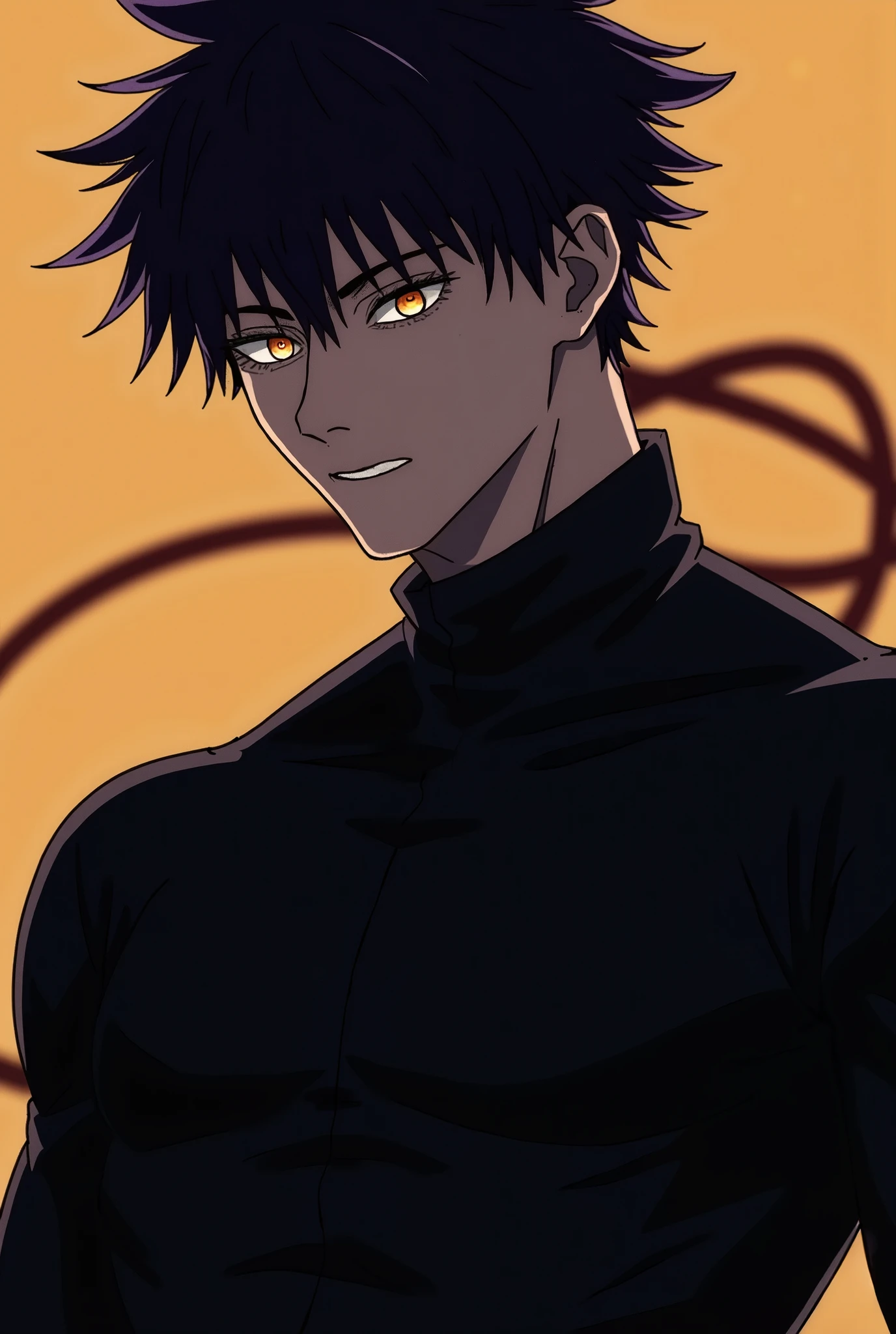 Man,black hair, spiky hair, orange eyes, compression shirt