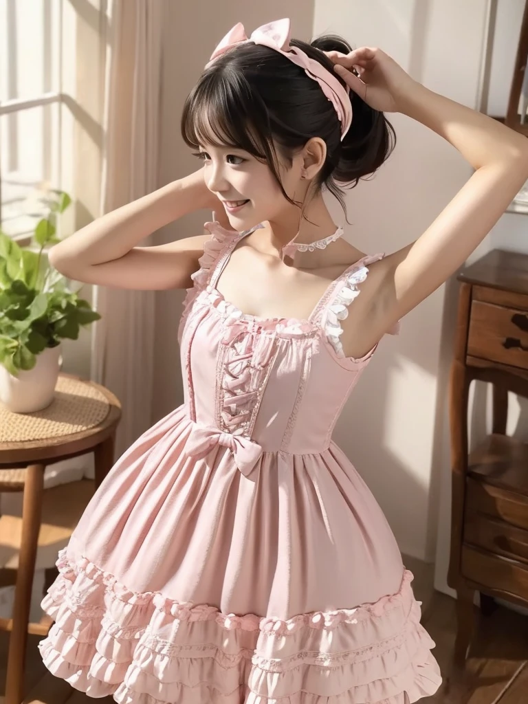 (highest quality、masterpiece、8K、best image quality、hyper realism、Award-winning work)、One Lolita girl、(solo:1.1)、(1 photo:1.1)、(Girly cute light pink ruffled transparent lolita dress:1.2)、(Cute girly big ribbon:1.1)、(cute and luxurious hair ornament:1.1)、Girly lace decoration、cute girly frills、(Perfect straight twin tails:1.2)、(low length:1.1)、(Height: 140cm:1.1)、(big breasts:1.1)、emphasize body line、slender body、Standing gracefully、(pastel color girly lolita room background:1.1)、(The background is a blurred lolita room:1.1)、(Cute girly curtains in pastel colors:1.1)、(very bright:1.1)、(Cute girly decoration wall in pastel colors:1.1)、blurred background、Full body photo of a woman standing gracefully、accurate ???????、perfect makeup、long eyelashes、glossy lips、Ultra high definition glossy skin、(Ultra-high definition bright and beautiful skin:1.2)、超高精細のglossy lips、Super high definition beautiful teeth