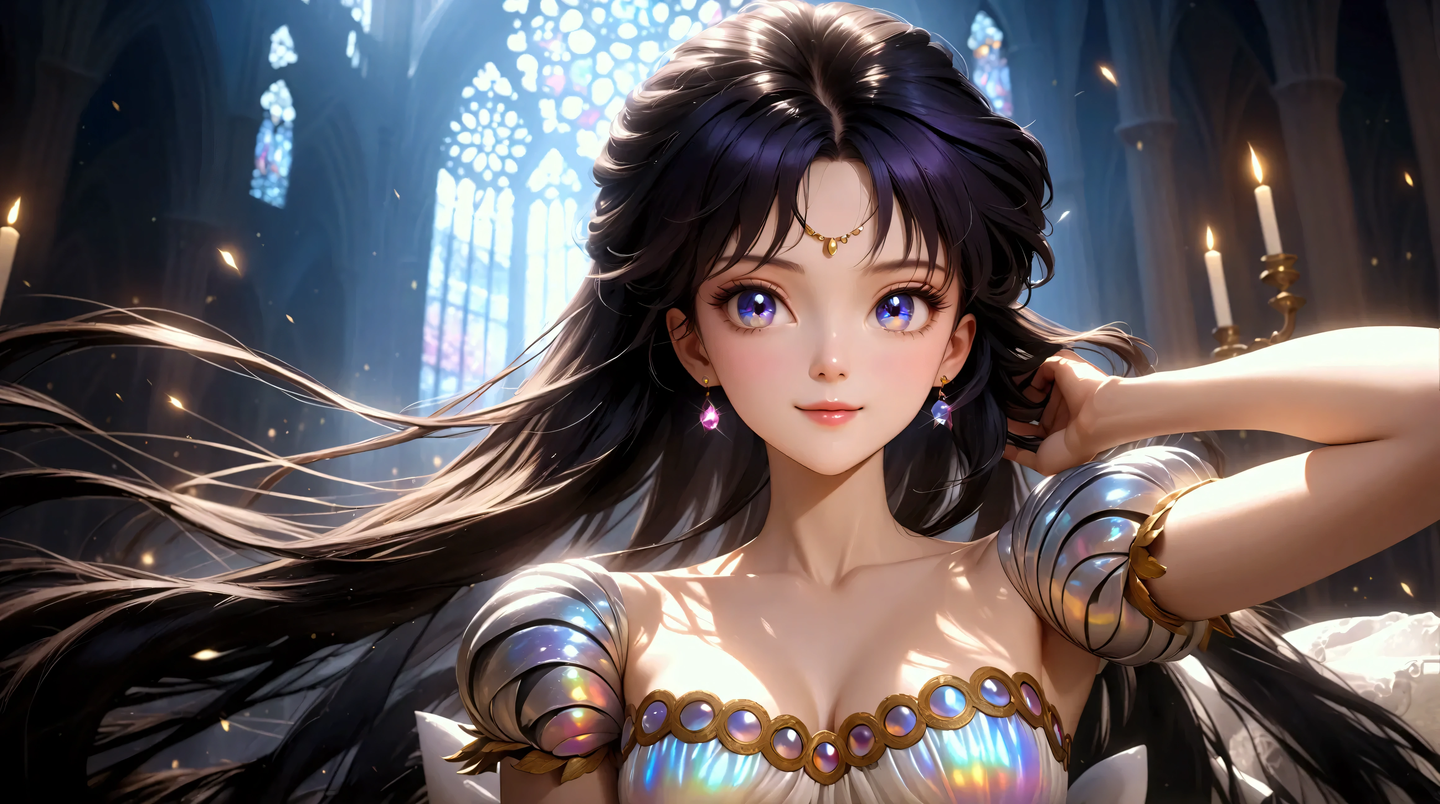 (masterpiece, best quality, very aesthetic, ultra detailed), intriguing details , 4K, aamars, mature woman, long hair, black hair, small breasts, smile, white dress, cleavage, puffy short sleeves, black night, cathedral, looking at camera, posing) (detailed iridescent eyes) , (aesthetic body) , (realism) ,(ultra sharp, textured skin, beautiful detailed face, dynamic lighting, dynamic shadow, Super Detailed, UHD, 4k)