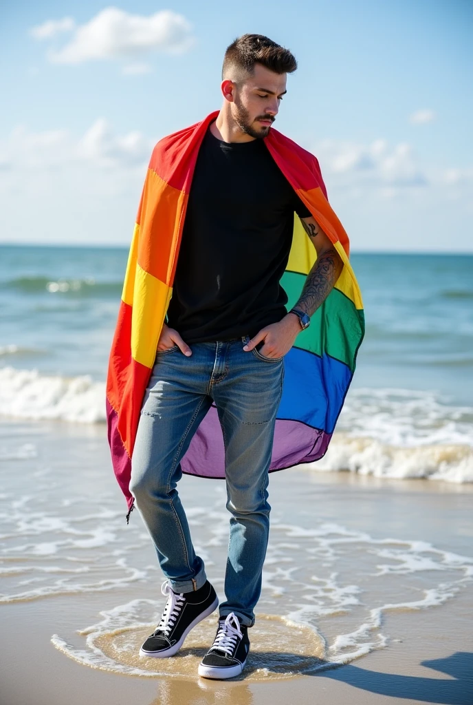 A handsome 27-year-old tall white young man in a men's fashion show on the beach shore wearing a de arco iris swimsuit with a beach ball in his hand. Many people applaud him and bubbles are around him. Tight boxer shorts in the color arco iris flag. Unshaved, white, tall with black hair flaquito