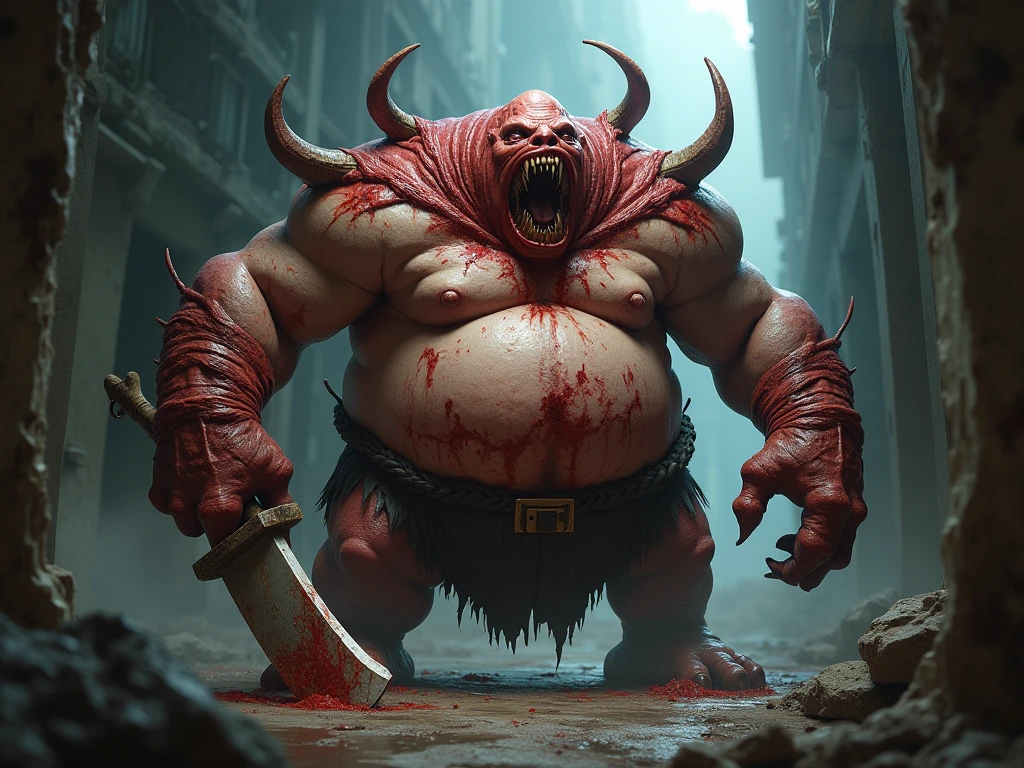 A morbitly obease man, he's a butcher, his apron is bloody, he wears a cowskull, he carries a huge bloody meathook