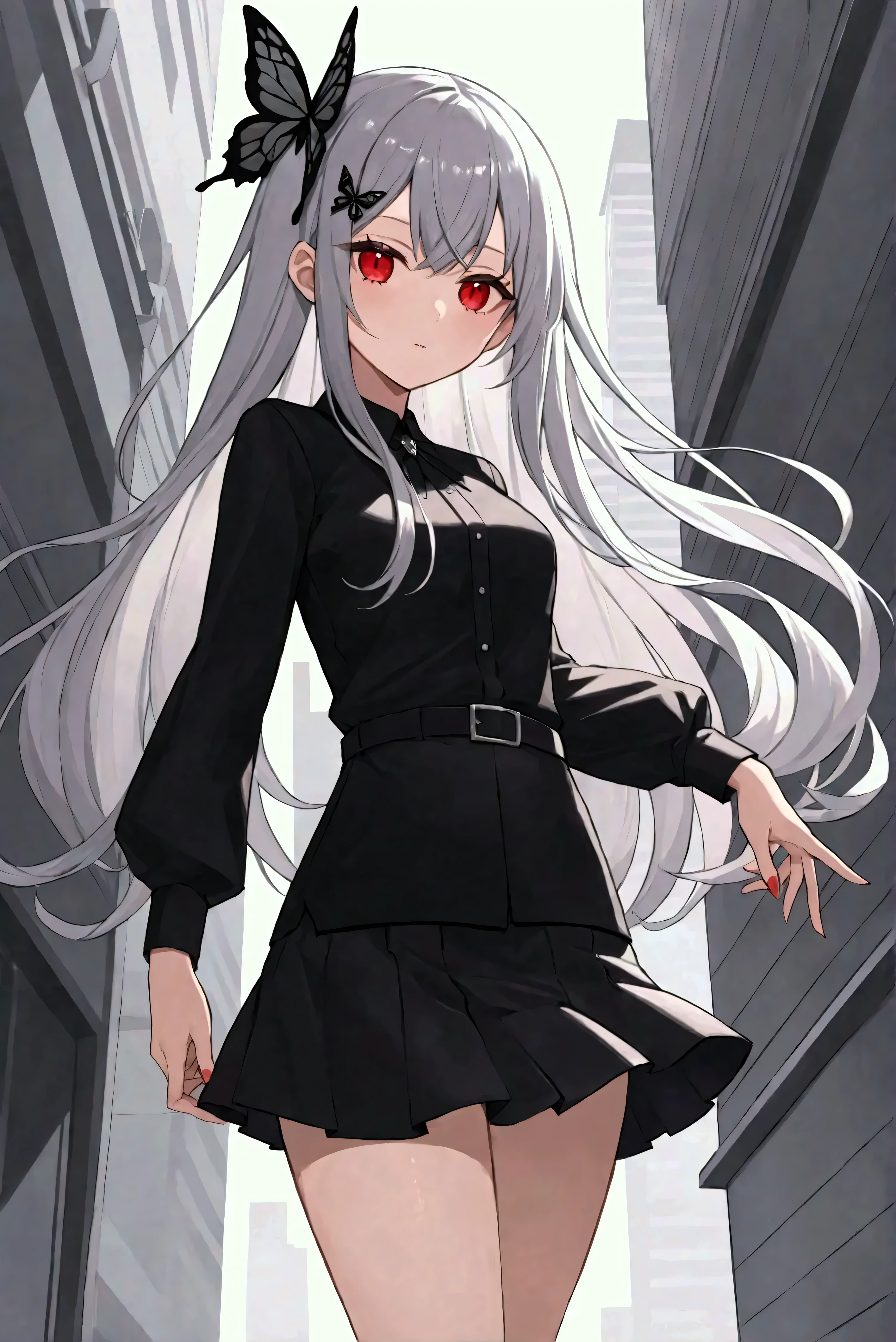 best quality , shotgun that can make me roam around the city,Wearing a black blouse,Wearing a super mini skirt, straight long that reaches the waist with silver hair, has a black butterfly hair ornament ,Average Height Girl ,Has a slightly cool face , red eyes