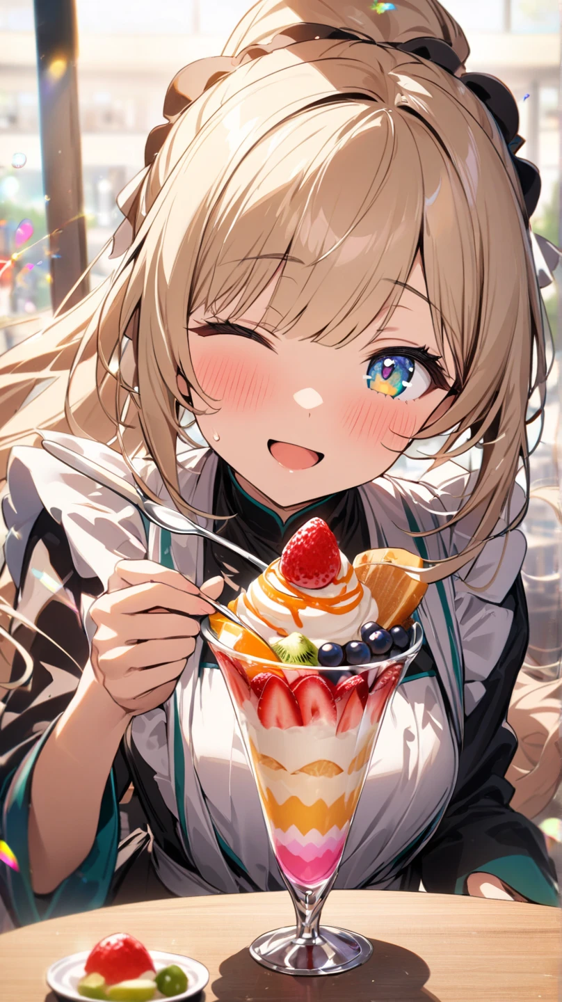 1 girl, 18yo, flat chest, blue eyes, light brown hair, bob cut, smile, open mouth, summer outfit, fruit parfait, pudding, strawberry shortcake, Mont Blanc cake, fruit tart, cream puffs, eclairs, soft serve ice cream, iced coffee. cafe.