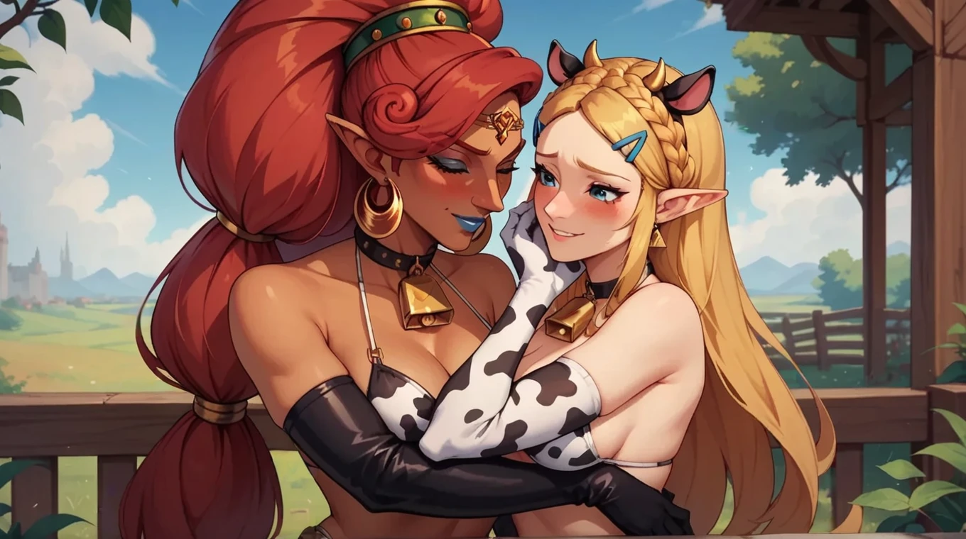 score_9, score_8_up, score_7_up, shaded BREAK 1futanari and 1girl, futanari Riju having sex with Zelda, red hair, green eyes, tan, long hair, hair ornament, blonde hair, green eyes, white skin, long hair, v-shaped eyebrows, smug, looking at viewer, topless, bottomless, fully naked, fully nude, futanari, penis, precum, bulge, girl's hand stroking penis, bodies touching, large breasts, huge breasts, round full breasts, super thin waist, heart shaped hips, kissing, Riju's penis penetrating Zelda's vagina, Zelda straddling Riju while being penetrated, sexual intercourse, sensual scene, outdoors, sunset, balcony