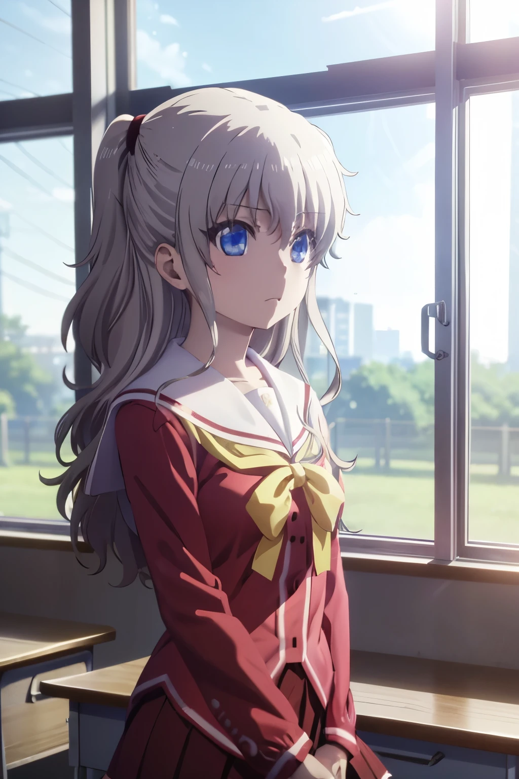 (((picture perfect))), (absurdres), 1girl, solo, nao tomori, school uniform, serafuku, red shirt, looking at viewer, classroom, window, light leaks