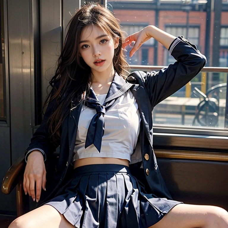 8k, RAW Portrait (Japanese women),masterpiece、Realistic:1.3、Realistic, Ultra-high resolution, Highest quality, Real Life Photos、(On the early morning train:1.1),(((Showing panties:1.4)))、((Visible panties:1.4))、((A girl sitting on a train seat and looking at her smartphone))、((((1 Girl:1.5)))), 、(Cute face:1.3)、日本の1 Girl、、((Real college girl))、Brown Hair,(Written boundary depth:1.3)、 ((Dark brown eyes:1.2))、(Realistic skin texture:1.3)、(Immersive atmosphere:0.8、Chiaroscuro:1.2) 、(Look Viewer:1.3)、((Expressionless:1.3))、((Red cheeks:1.1))、((She is wearing very small satin panties with lacy frills.))、((Show off your pants:1.4))、((A woman rolling up her skirt))、((highlight panties))、The cutest girl in the world、((Spread your legs out to the side:1.4))、Panty shot、The natural light coming through the car windows is too bright......、Shining Sun((Uniform 1.5))、JK suit, check skirt, pleated skirt, shirt, bow tie