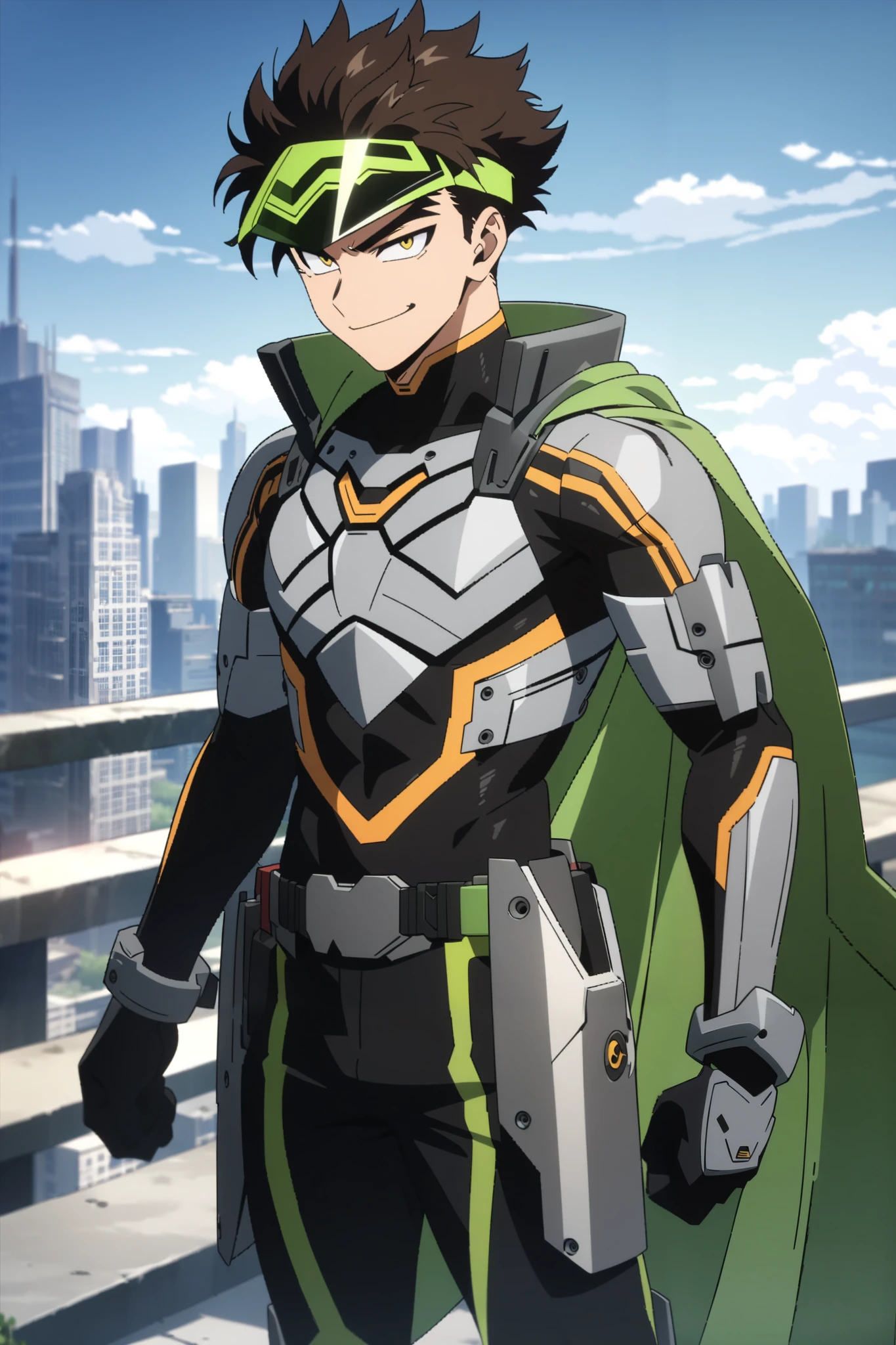 1boy, sexy, handsome, 1man, 25-years-old, ((MALE)), superhero.
Physical Appearance:
Hair: Short, dark brown, with a faint undercut and windswept spikes.
Eyes: Vibrant green with flecks of gold, often described as intense and observant.
Skin Tone: Medium brown with a healthy, sun-kissed glow.
Build: Athletic and lean with strong shoulders and long legs, optimized for speed and agility.
Hero Costume:
Designed for both functionality and flair, reflecting Chicago’s urban aesthetic.
Primary Colors: Steel gray with teal and black accents to evoke a sense of movement.
Design Elements: A sleek bodysuit reinforced with wind-resistant materials to minimize drag. Black, armored gloves with vents to enhance his wind manipulation and provide protection.
A flowing teal cape, which is highly durable and helps him visually intimidate and disorient foes during high-speed movements.
Steel-toed boots with built-in stabilizers, allowing him to maintain balance in the strongest gusts.
Accessories: A visor with an aerodynamic design that enhances his visibility in stormy conditions. Utility pouches around his waist, holding lightweight emergency gear for rescues.
Smirk, Chicago city highway background, day time, detailed anime lighting, colorfull.
As My Hero Academia character, MHA style, anime style, my hero academia, boku no hero academia, animated. Anime, Best Quality, Masterpiece, High Resolution, 4K, perfect body, perfect eyes, perfect eyes, Full Quality, colorfull, Looking at viewer, Anime, Anime Style, High Resolution.