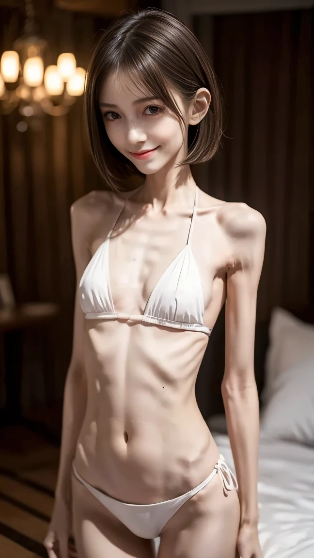 Photograph of an anorexic emaciated extremely skinny Oriental female model, completly naked except for leg stockings and neck choker, sweaty wet body, the lighting in the room  good and there are no dark areas or shadows, show full height of model from ankles up, she is sitting on a kitchen table, she has a pink bow in her hair, her legs are spread open, her knees are apart, she is facing the camera, she is looking at the camera, her body is wet with sweat, wide diamond neck choker 12 inches wide,  beautiful colored necklace, jewelery on wrist, rings on fingers, show breasts, show legs, she has a big smile, her teeth are showing, medium sized breasts, long legs, she has long brown hair, large hoop earings, bright red lipstick, incredibly skinny body, extremely skinny body, emaciated body, tiniest waist ever, well-defined collar bones, well-defined hip bones, well-defined ribcage, extremely skinny arms and legs, weak and fragile body, masterpiece, anatomically correct, textured skin, super detail, high details, high quality, best quality.