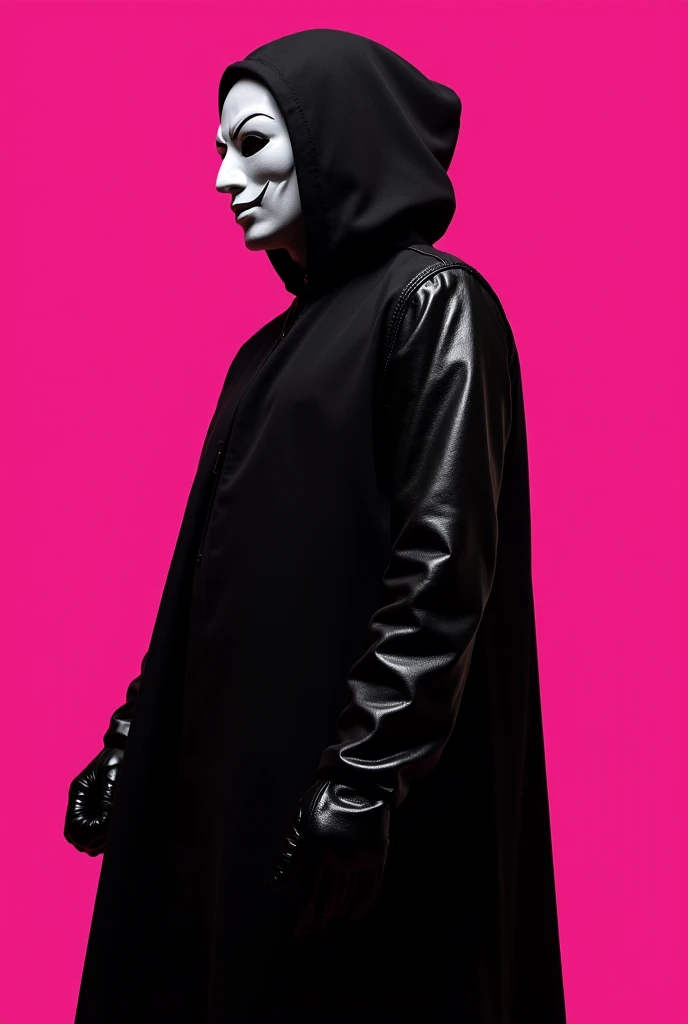 The image features a figure dressed in black with a bright pink background . The person is in profile , facing the right , and uses a white mask with a design stylized and geometric covering the entire face. The mask contrasts strongly with the dark robes and the vibrant background .
clothing details:
The main garment is a black hoodie that completely covers the head , extending to the shoulders and part of the body .
The texture of the fabric seems to be slightly matte , with subtle details highlighted in some areas , suggesting that it be made of a material such as synthetic leather or similar fabric .
The sleeve The costume is finished with a shiny material , probably leather or vinyl , giving a sophisticated and modern look .
The black glove , fitted to the hand , matches the rest of the clothing , giving a uniform and enigmatic appearance .
Composition and lighting :
The pink background contrasts intensely with the black of the clothes and the white of the mask , creating an impactful visual composition .
The lighting seems to be soft and diffused , without strong shadows, The colors and textures of the costume and mask .
The overall aesthetic of the figure refers to a mysterious look , possibly inspired by fictional characters or futuristic fashion concepts .