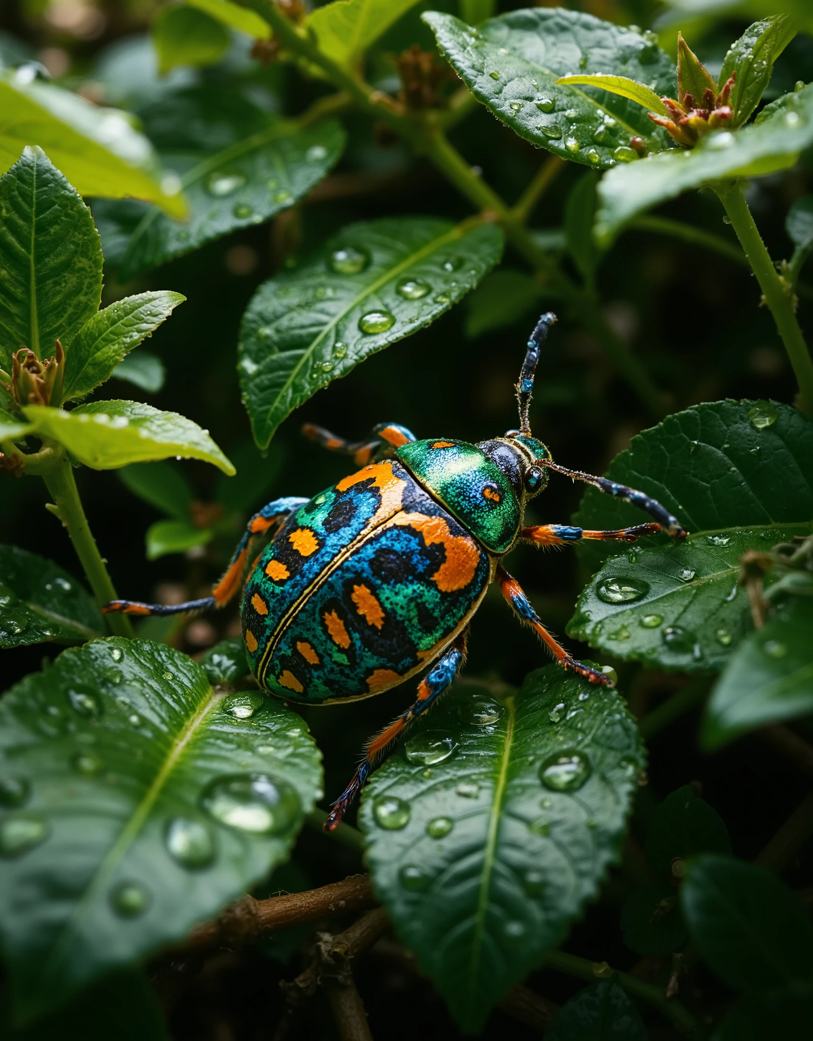 A beautiful Picasso bug photographed in foliage with rain falling