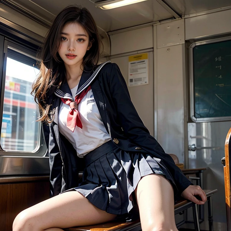 (16k, RAW photos, top quality, masterpiece: 1.2), (realistic, photorealistic: 1.37), 1 girl, Japan girl, girl, sailor suit, (open legs)), sitting on a crowded train, big, slender, crotch, full open legs, (round swing sexy mini skirt: 1.3), (white open shirt: 1.3), , See-through underwear, not wearing underwear