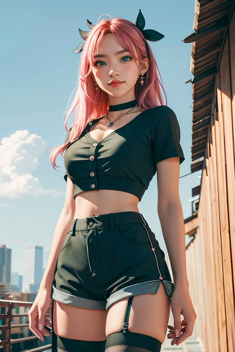 nicoledemara, nicole demara, (green eyes:1.5), pink hair, hair ornament, hair ribbon, hairclip, long hair, mole, mole on breast, mole on thigh, mole under eye, two side up, ribbon, smirk, smile, open mouth,
BREAK black footwear, black ribbon, black shorts, black socks, black thighhighs, boots, cleavage, crop top, earrings, jewelry, kneehighs, nail polish, necklace, o-ring, short shorts, shorts, single kneehigh, single sock, single thighhigh, socks, thigh strap, thighhighs, torn clothes, two side up,
BREAK outdoors, city, sky, clouds, sun, buildings, crowd, people, alley,
BREAK looking at viewer, (cowboy shot:1.5),
BREAK (masterpiece:1.2), best quality, high resolution, unity 8k wallpaper, (illustration:0.8), (beautiful detailed eyes:1.6), extremely detailed face, perfect lighting, extremely detailed CG, (perfect hands, perfect anatomy),
