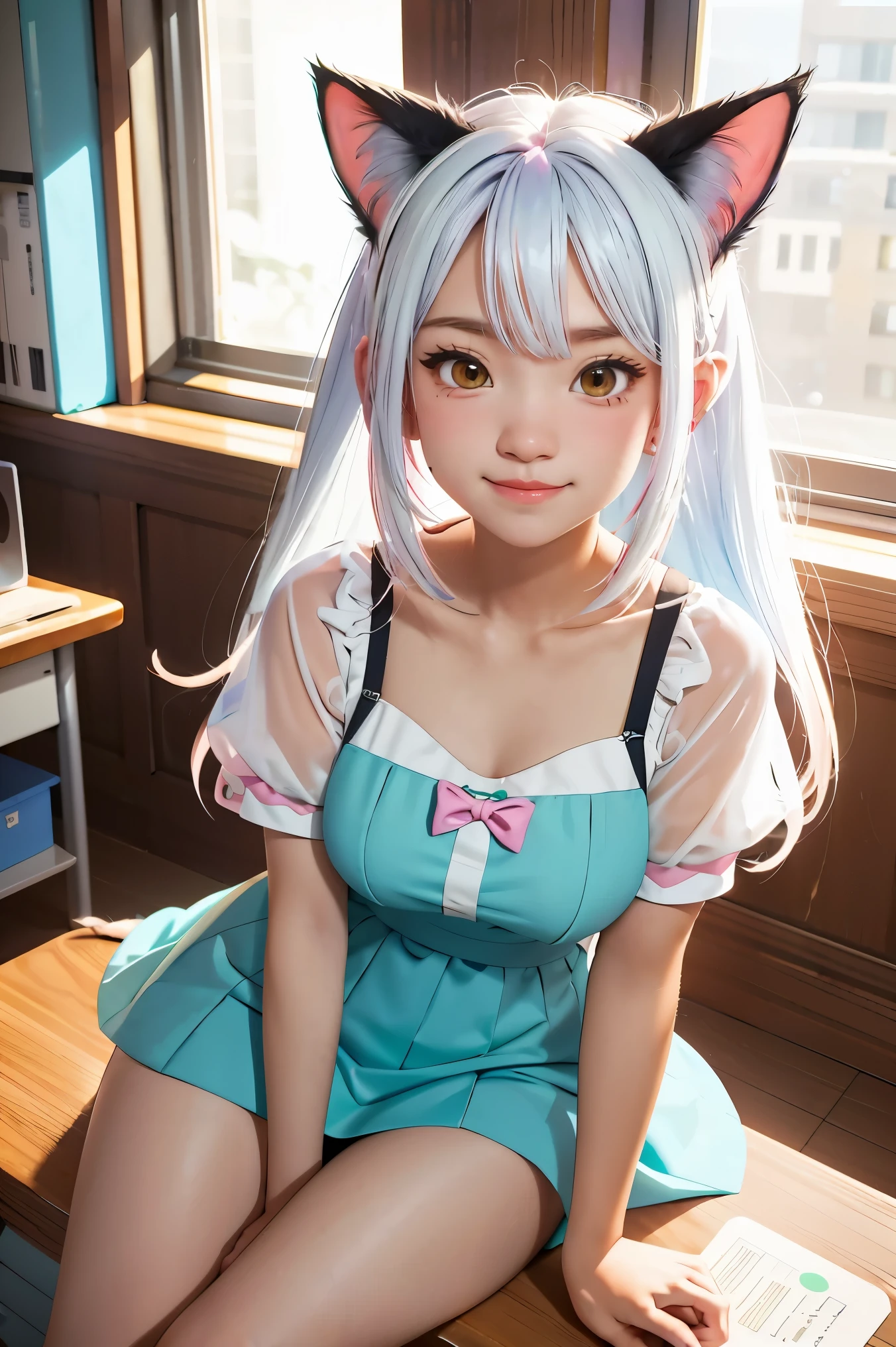 Colorful hair and colorful dress in anime ((cat-eared 1girl)), pastel vivid, rossdraws cartoon vivid, anime style 4k, beautiful anime portrait, artgerm colorful!!!、! dream art germ, beautiful anime, cat ear 1girl, anime style digital art, anime art wallpaper 4k, anime art wallpaper 4k, digital anime art, highly detailed art germ, , full body, sitting in her office, white hair, front view, smirking,