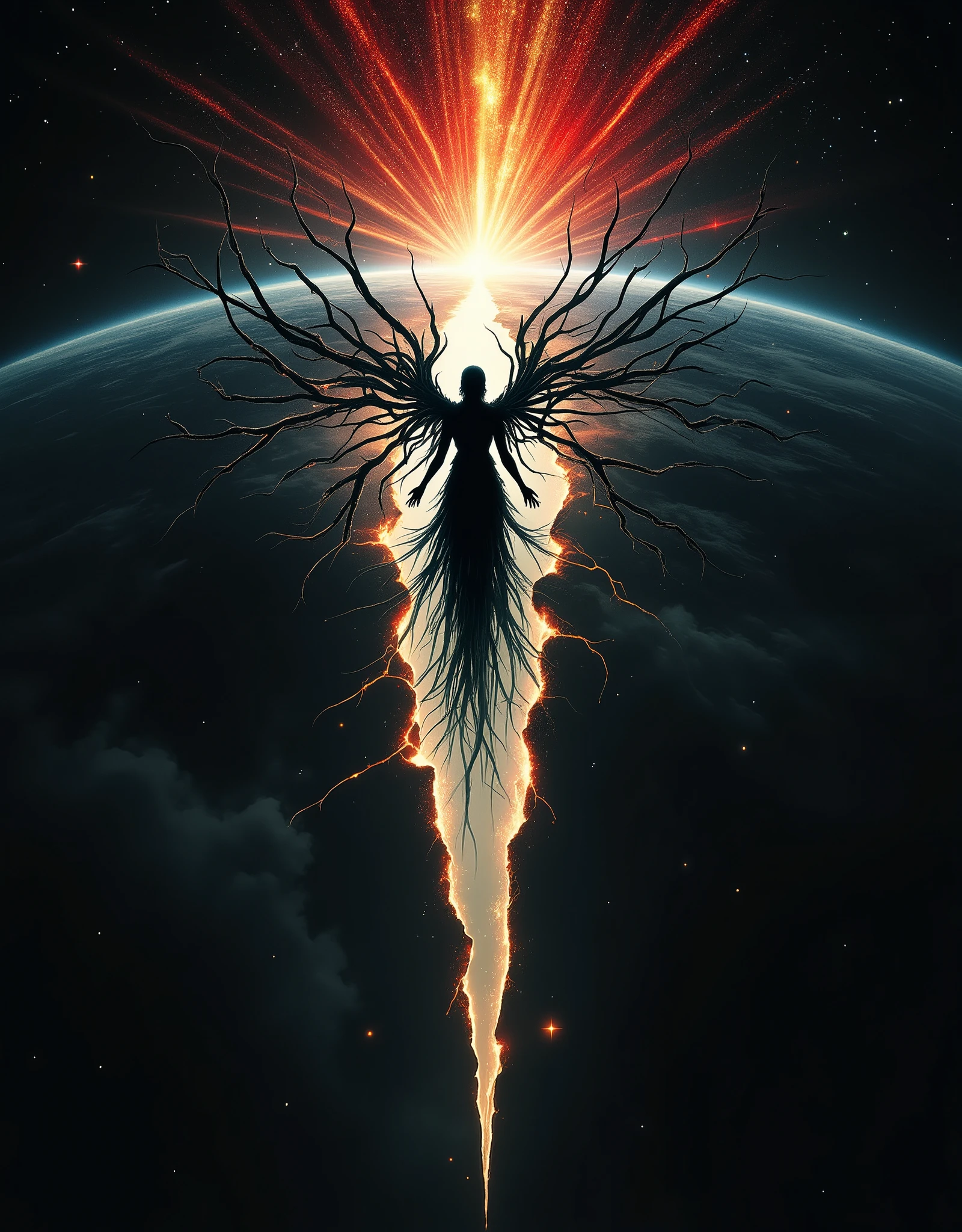 A towering, ominous night sky with a distant, curved horizon, illuminated by an explosion of bright, fiery colors, including red and yellow sparkles, as if the very fabric of reality is being torn apart. A colossal, jagged fissure, reminiscent of a shattered mirror, splits the sky in two, with shards of starlight piercing through the darkness. From this chasm, a terrifying, yet mesmerizing demoness emerges, her twisted, elongated form silhouetted against the radiant, astrographic backdrop. Her wings, a mass of tortured, ethereal tendrils, writhe and contort, as if tormented by the intense, celestial light, like a dark, gothic sculpture come to life. Inspired by the dark, symbolic worlds of James Jean, the eerie, biomechanical landscapes of Beksiński, and the fantastical, dreamlike visions of Yoshitaka Amano, with the sleek, hyper-detailed style of Stanley Lau and the vibrant, dynamic energy of Artgerm. The atmosphere is heavy with an sense of impending doom, as if the very heavens themselves are about to unleash a maelstrom of horror upon the world.