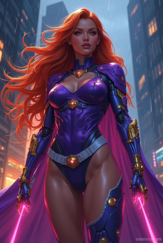 by Joe Jusko, 1girl, (xmen), Psylocke, 1girl, purple outfit, glowing butterfly, red hair, underboob, <lora:joe_jusko-09:.75>